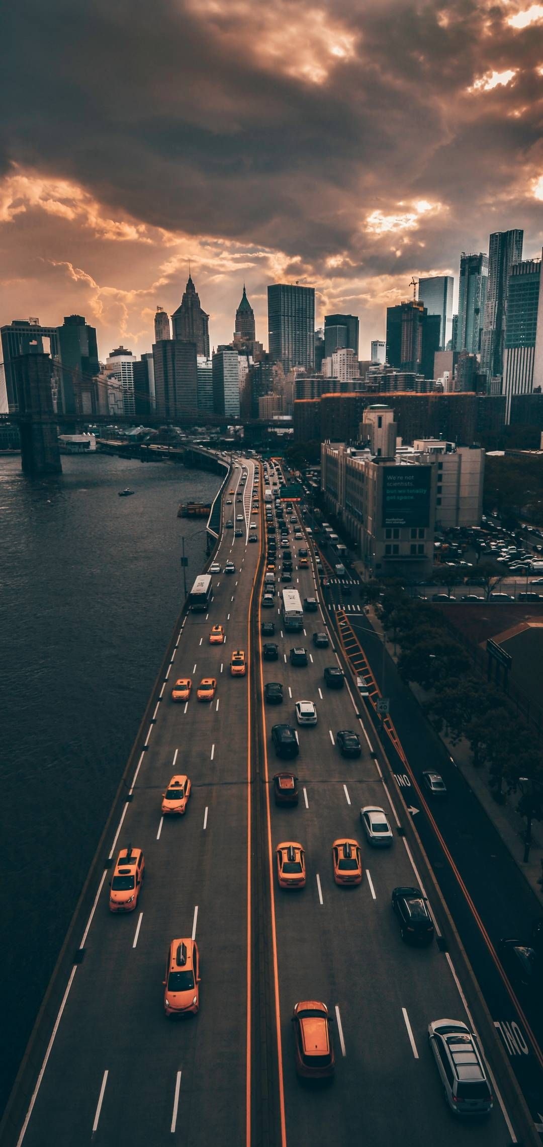 City: Brooklyn Bridge, East River, NY Taxi, Manhattan, Big Apple, New York. 1080x2280 HD Wallpaper.