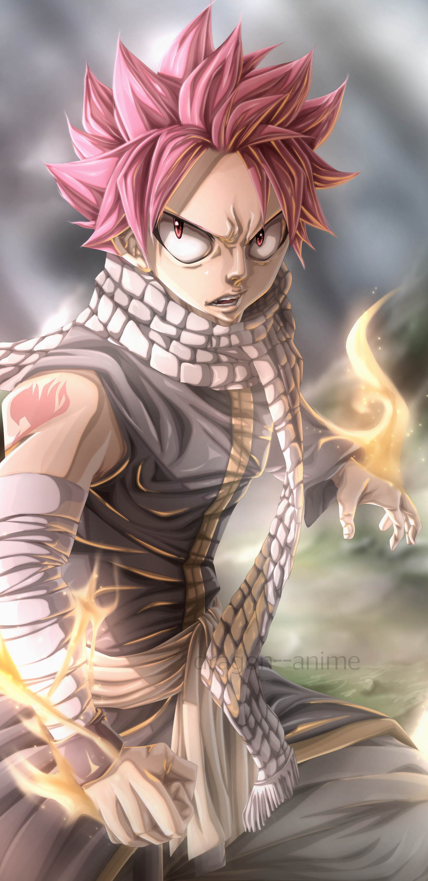 Natsu (Fairy Tail): A wizard who has the ability to eat, breathe, and strike with fire. 1440x2960 HD Background.