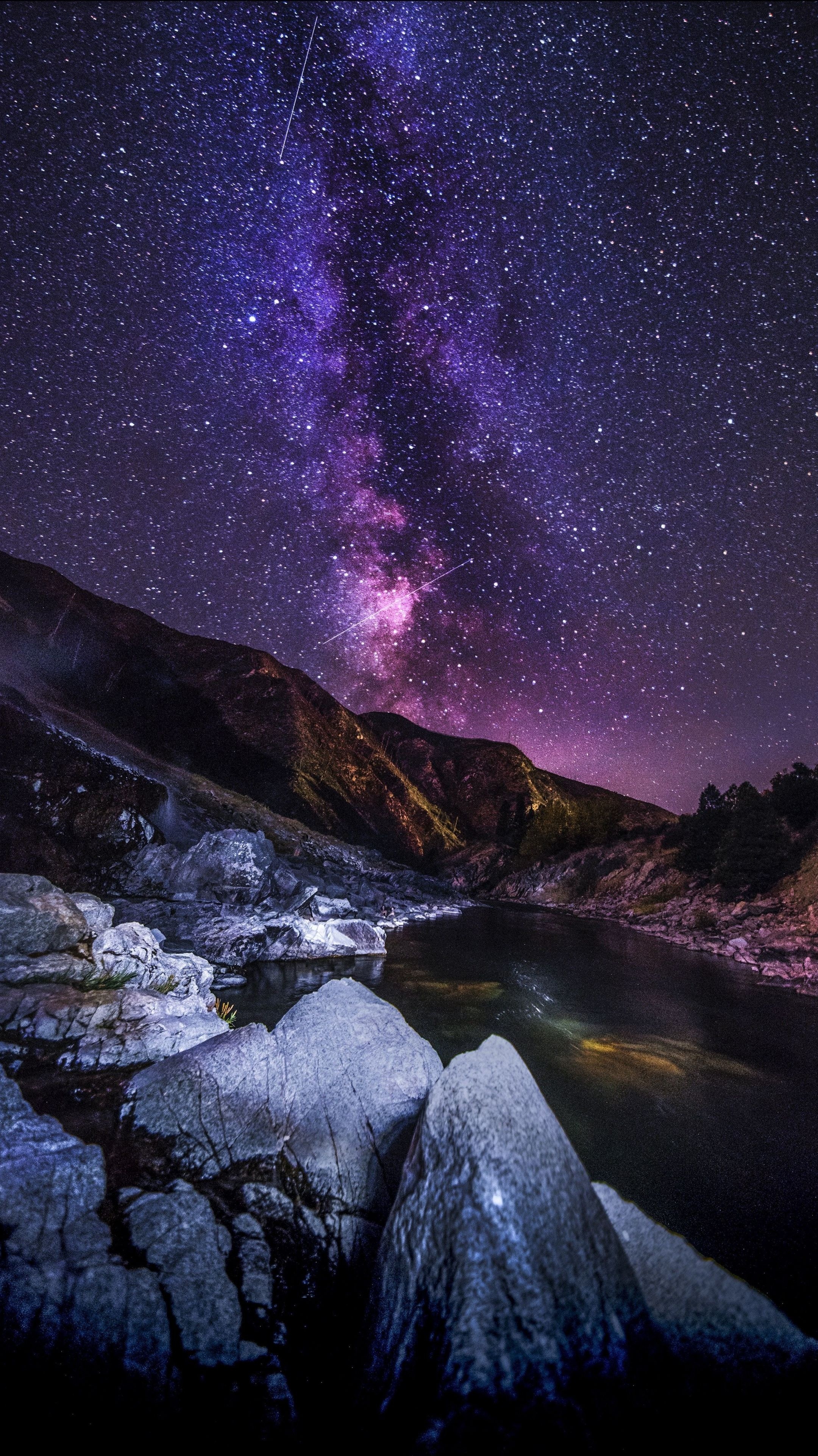 Starry sky, Mountains, Nighttime beauty, Serene river, 2160x3840 4K Phone