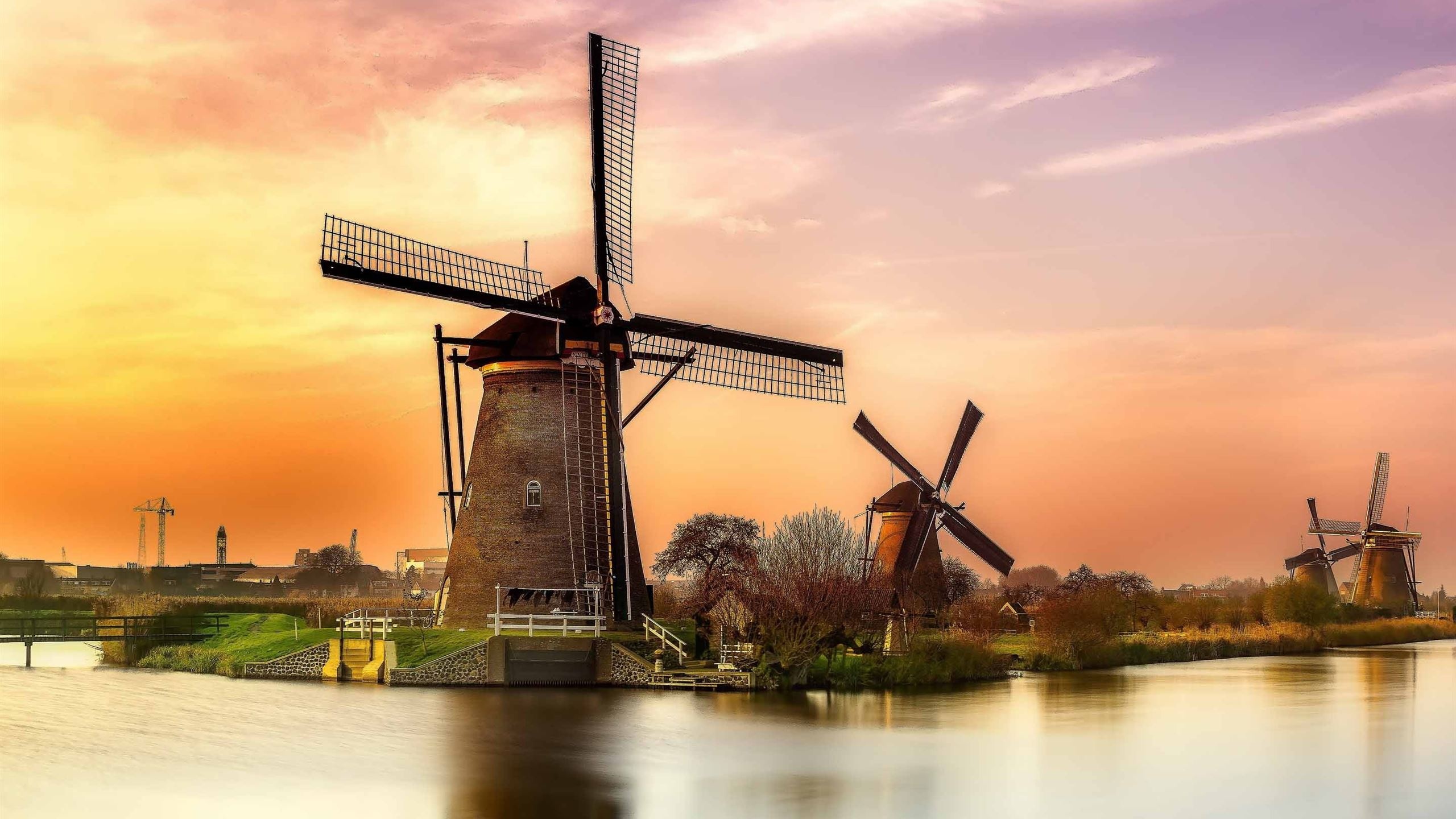 Windmills at Kinderdijk, Holland mill, Sunset mac wallpaper, Free download, 2560x1440 HD Desktop