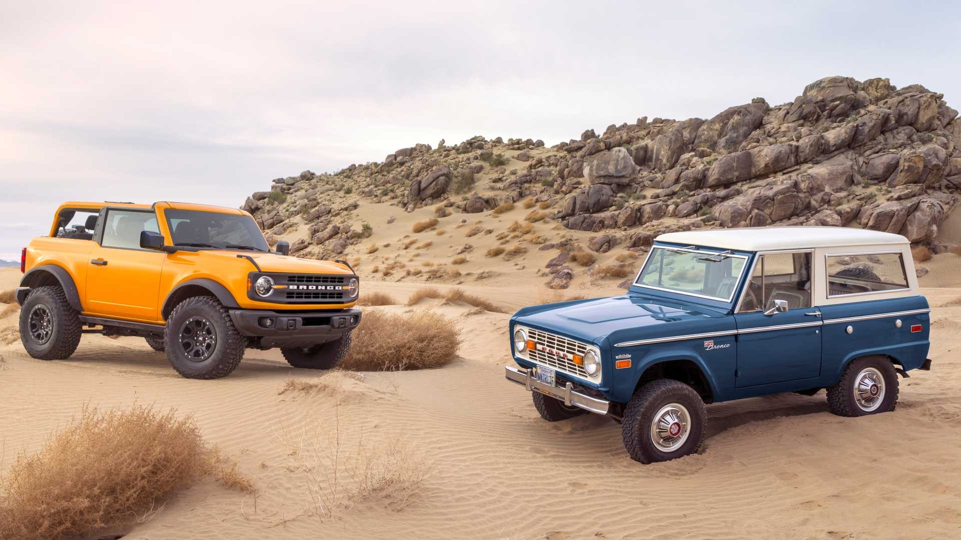 Ford Bronco: Evolution Of The Series, Classical Model "Wagon" Of The First Generation, Off-Road Car Of 2021. 1920x1080 Full HD Background.