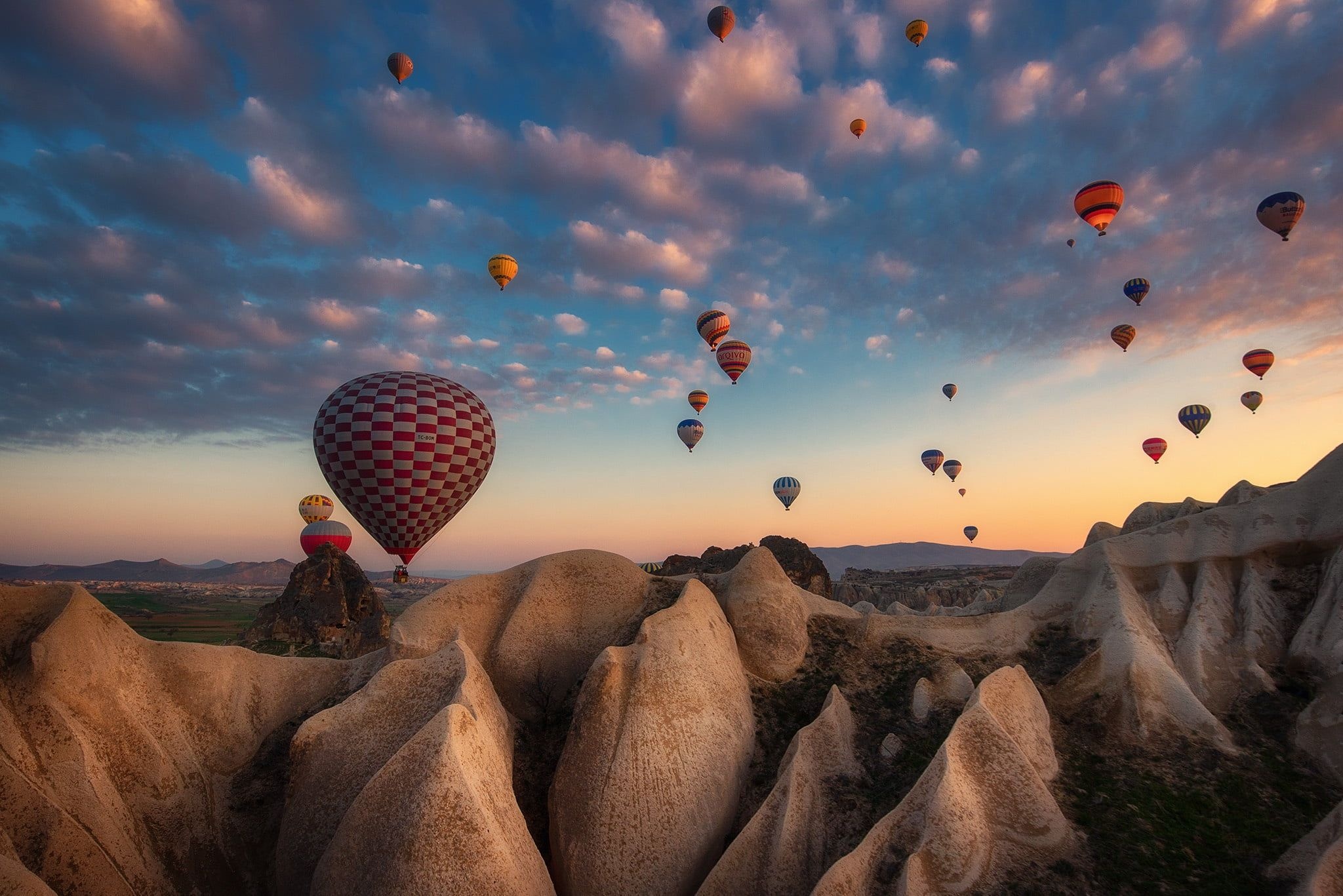 Goreme National Park, Evening in Cappadocia, Balloons floating, Tuff rocks, 2050x1370 HD Desktop