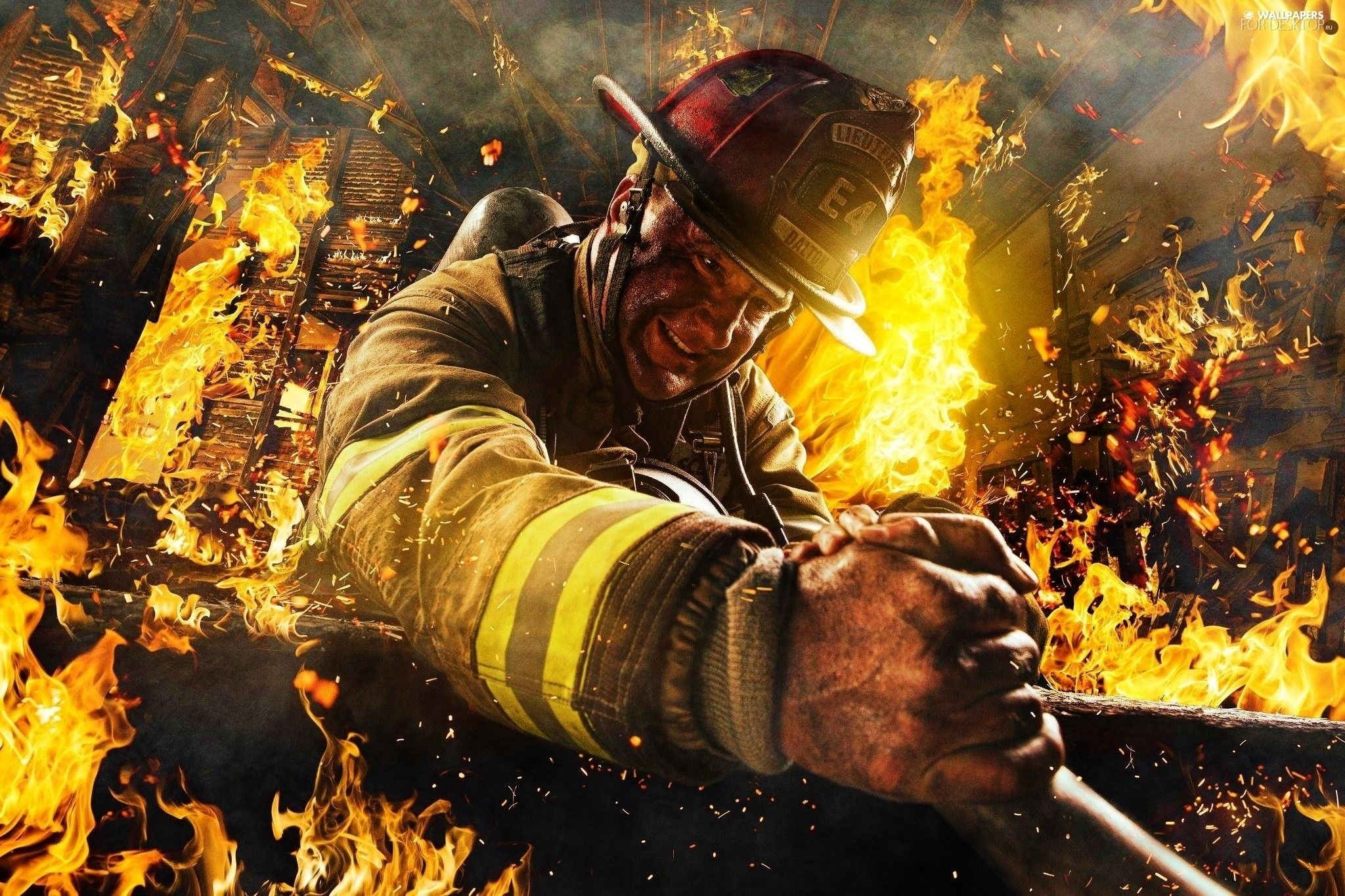Fireman: Rescuer, Flame, Smoke, Oxygen deficiency, Elevated temperatures. 2050x1370 HD Background.