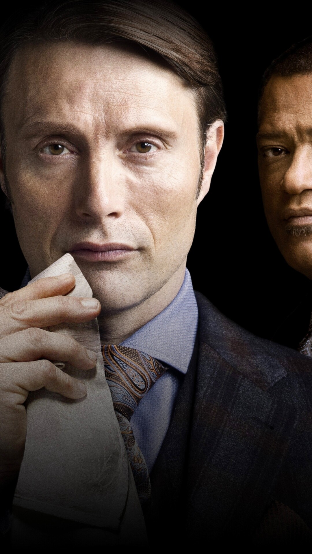 Hannibal (TV Series): Mads Mikkelsen as Dr. Lecter, Laurence Fishburne as Jack Crawford. 1080x1920 Full HD Wallpaper.