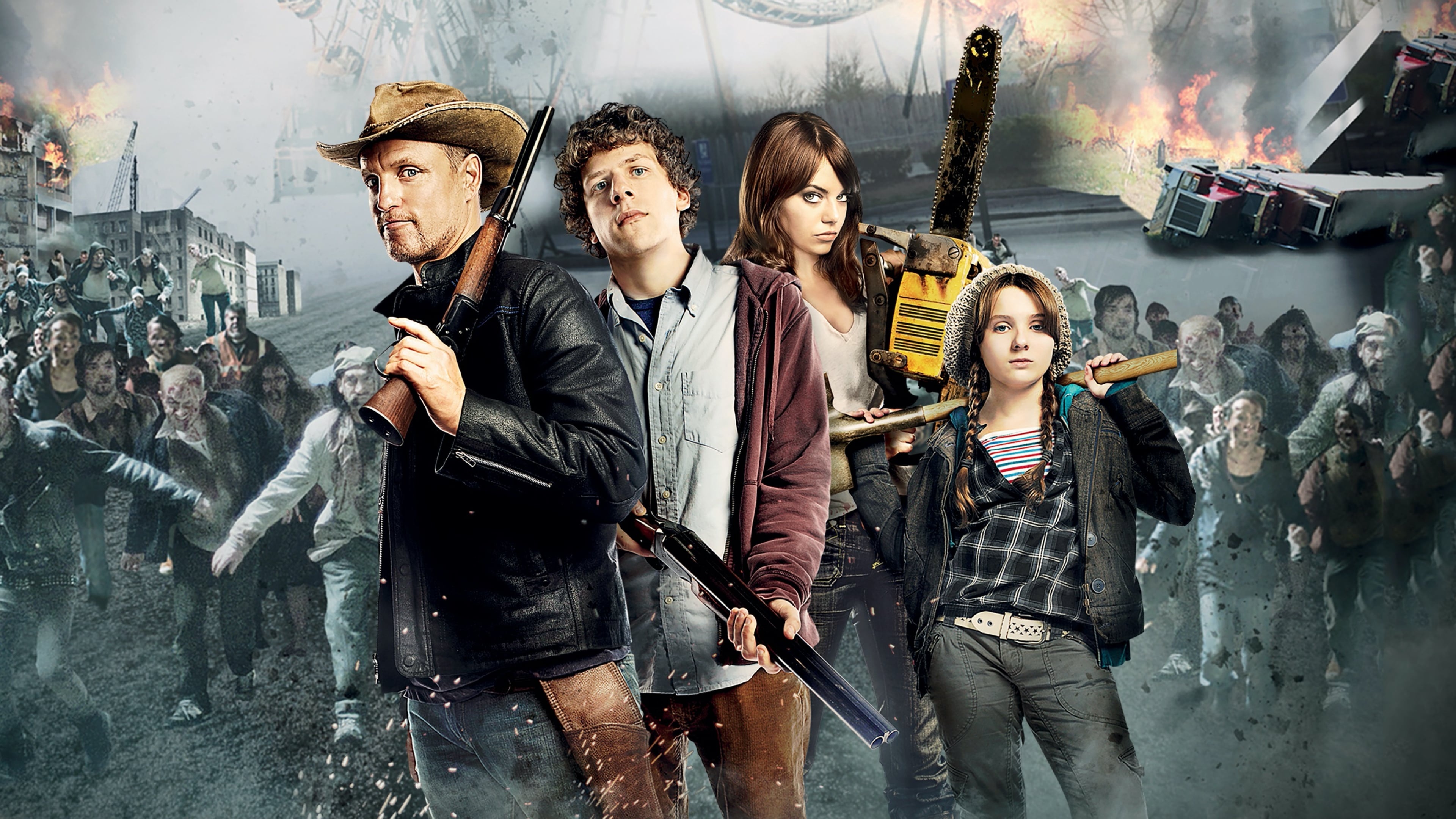 Zombieland: A 2009 American post-apocalyptic zombie comedy film directed by Ruben Fleischer. 3840x2160 4K Wallpaper.