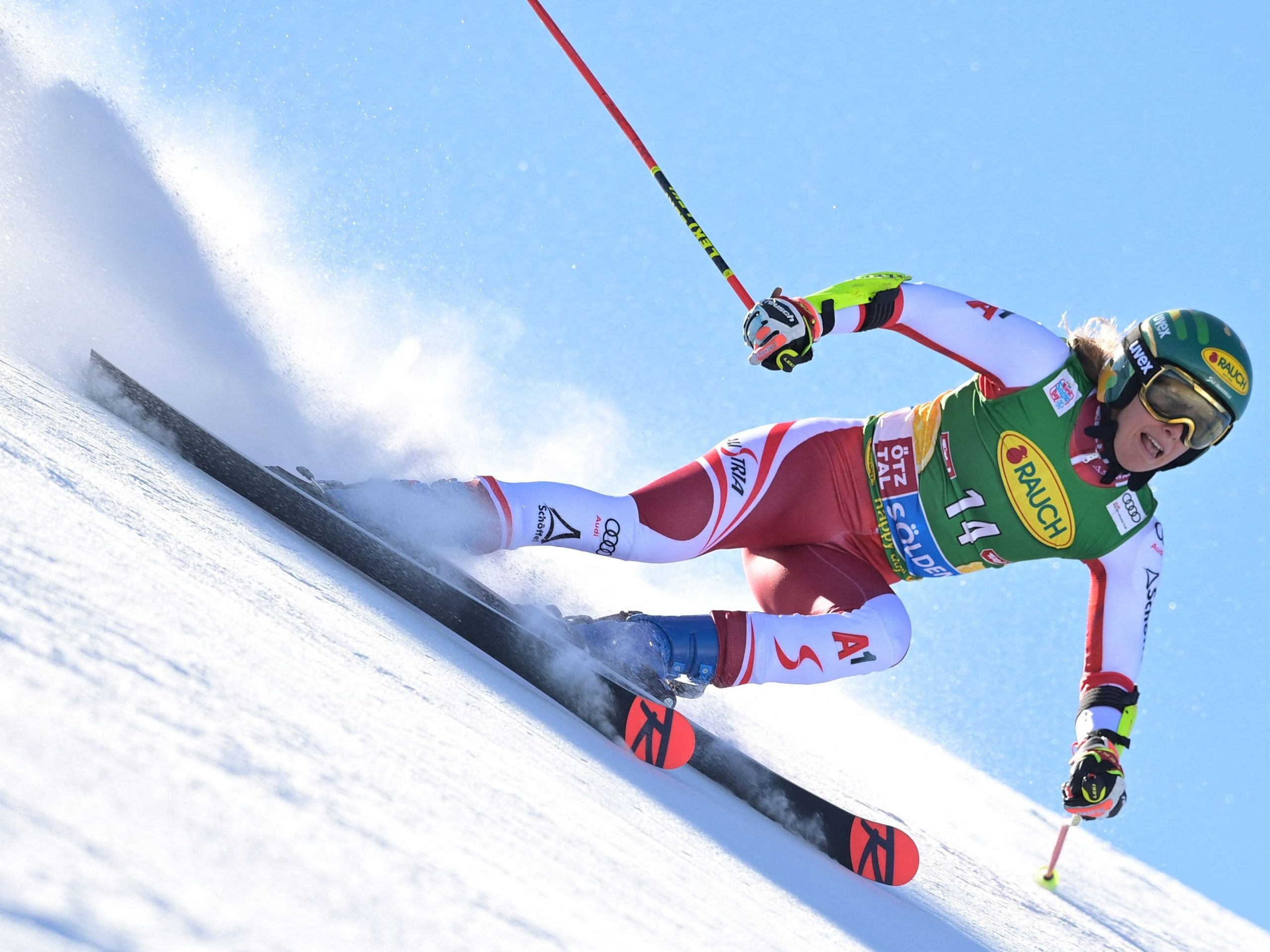 Alpine Skiing: Downhill in a zigzag between upright obstacles, Stephanie Brunner 3rd in the first half, Gut Bahrami, Sports. 2560x1920 HD Background.