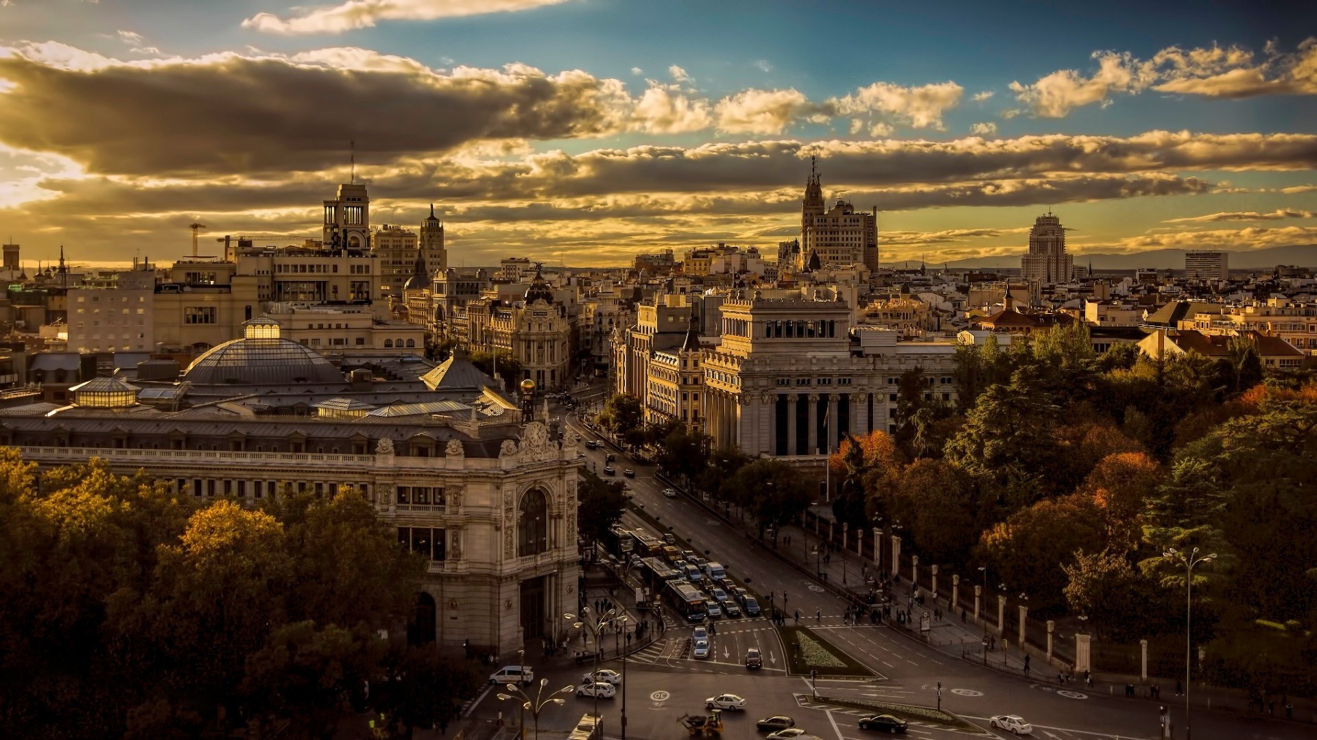 Madrid city, Cloudy sky, Cityscape view, Spanish nightlife, 1920x1080 Full HD Desktop