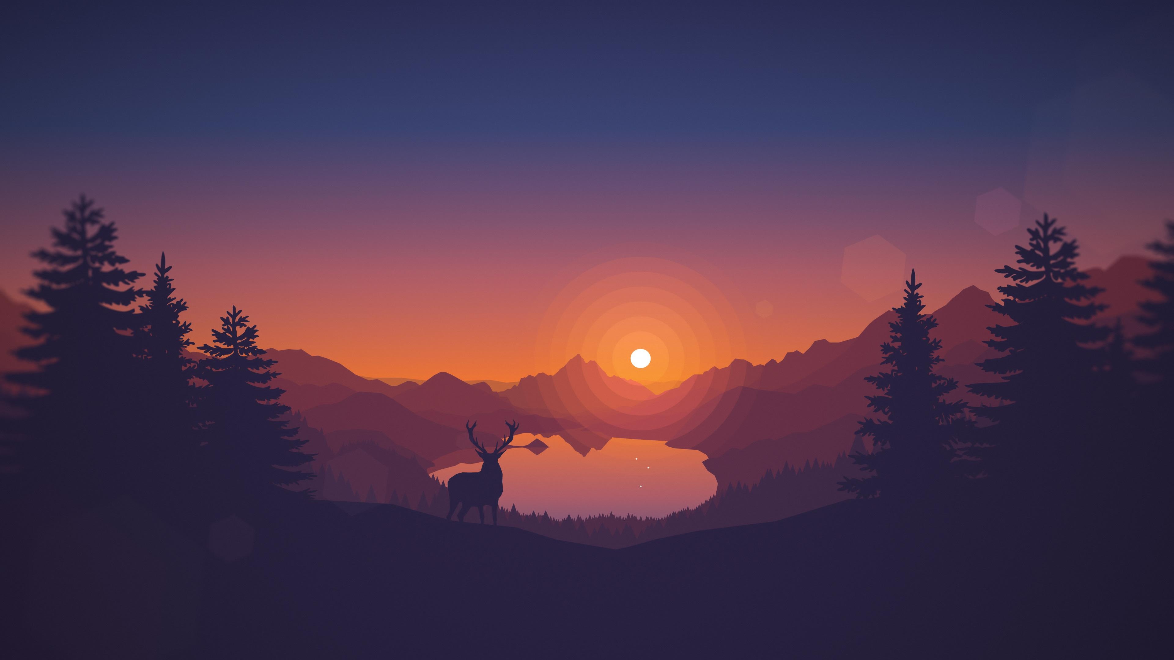 Firewatch inspired, Minimalist gaming art, Forest silhouette, Retro style, Evening hues, 3840x2160 4K Desktop