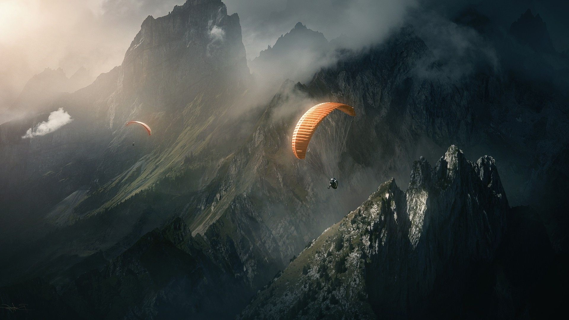 Paragliding: Adventure sport in the mountains, Extreme windsports, Operated parachutes. 1920x1080 Full HD Background.