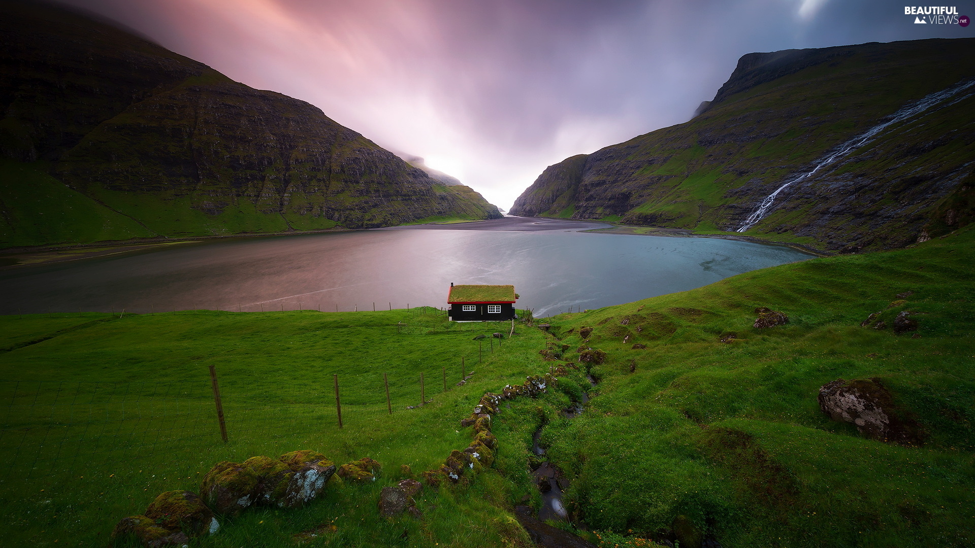 Faroe Islands, Lake valley, Beautiful waterfalls, Serene mountains, 1920x1080 Full HD Desktop