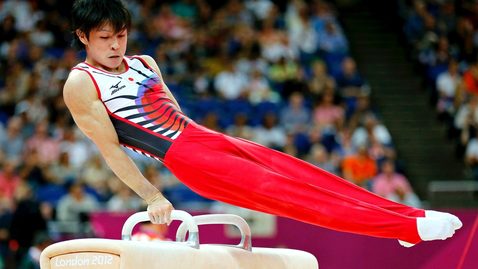 Acrobatic Sports: Japanese athlete, 2012, London, Kohei Uchimura, Pommel horse. 1920x1080 Full HD Wallpaper.