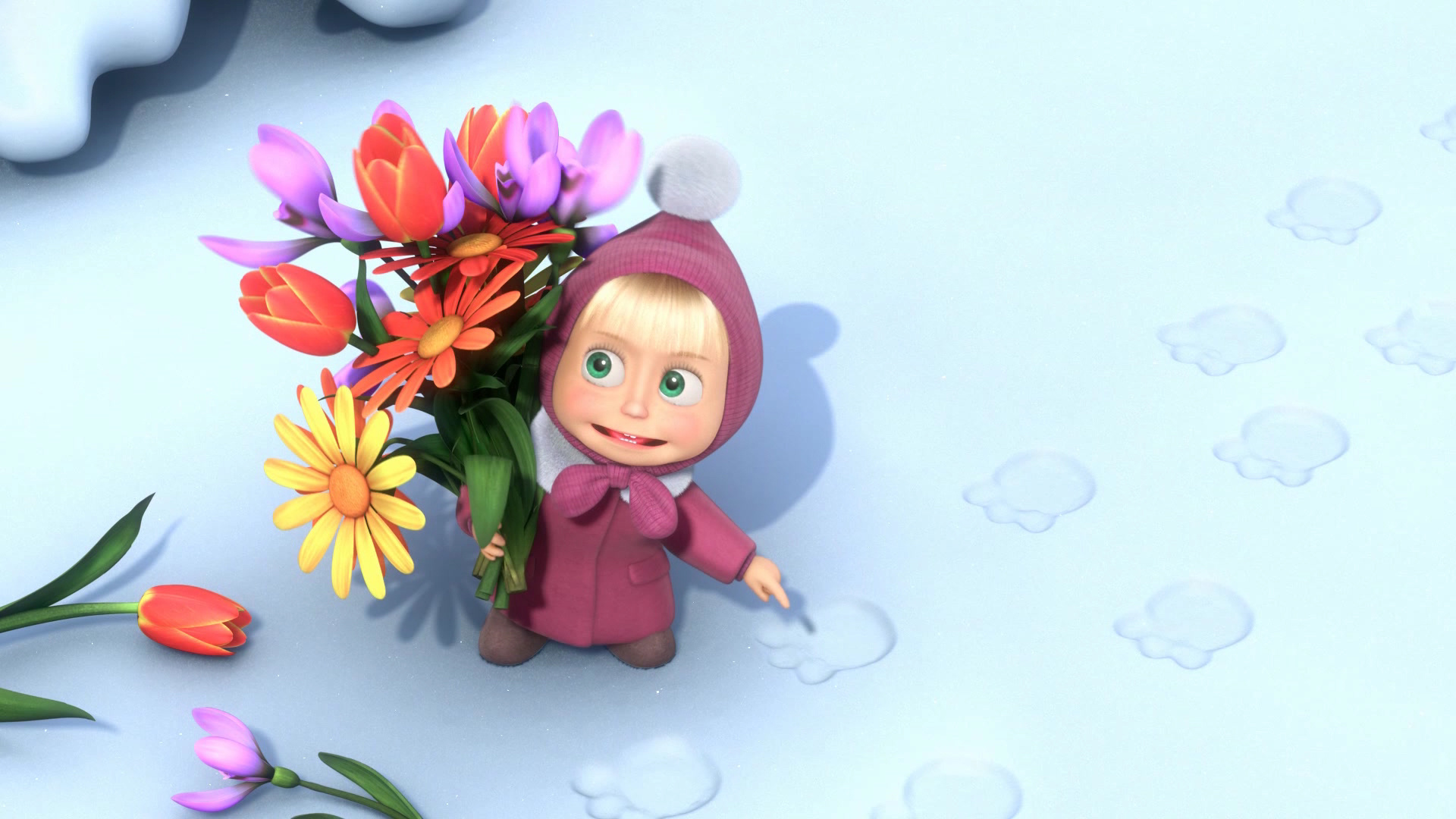 Masha and the Bear, Mary flowers, Snow footprints, Animation, 1920x1080 Full HD Desktop