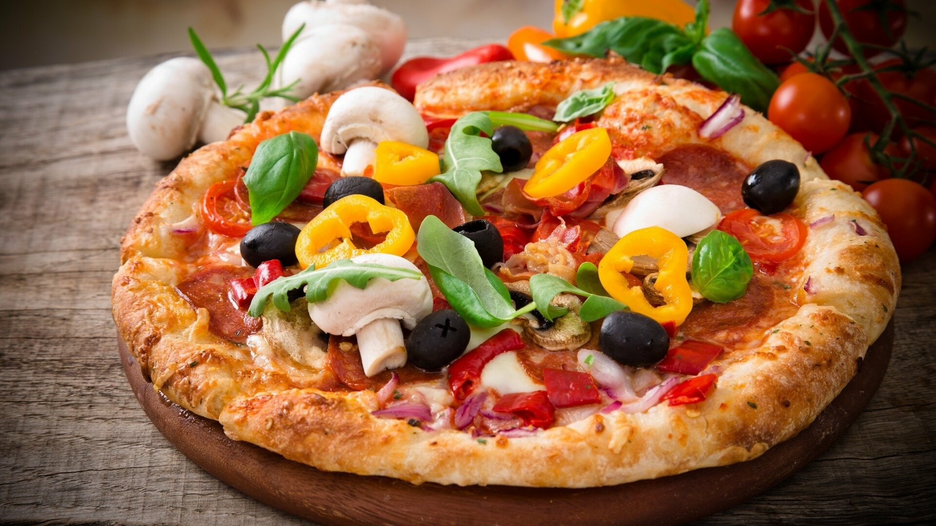 Pizza: Pizzetta, Crust, Mushrooms. 1920x1080 Full HD Wallpaper.