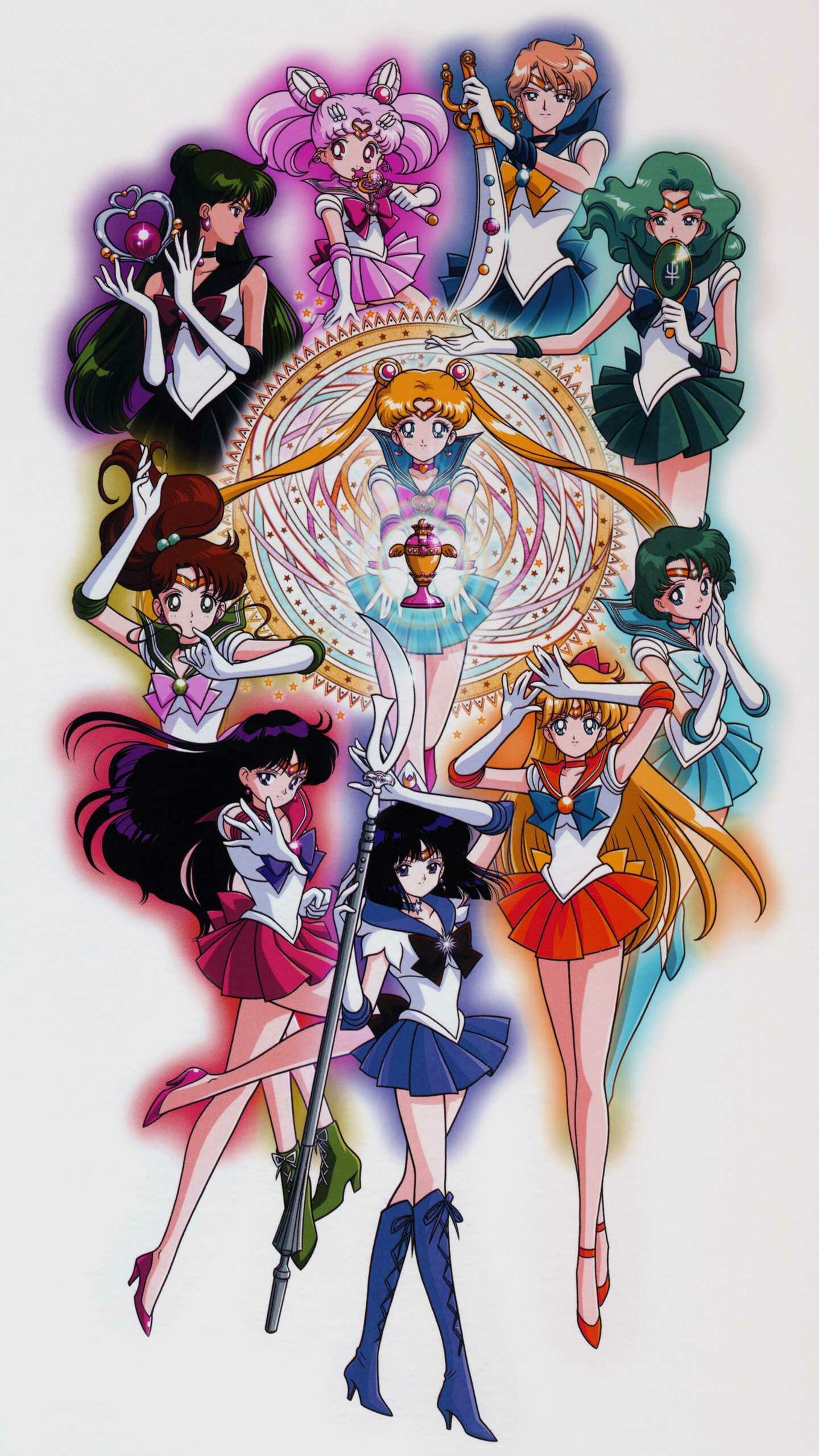 Sailor Moon: Usagi Tsukino, Ami Mizuno, Rei Hino, Makoto Kino, Minako Aino, Chibiusa, Haruka Tenoh. 1440x2560 HD Background.