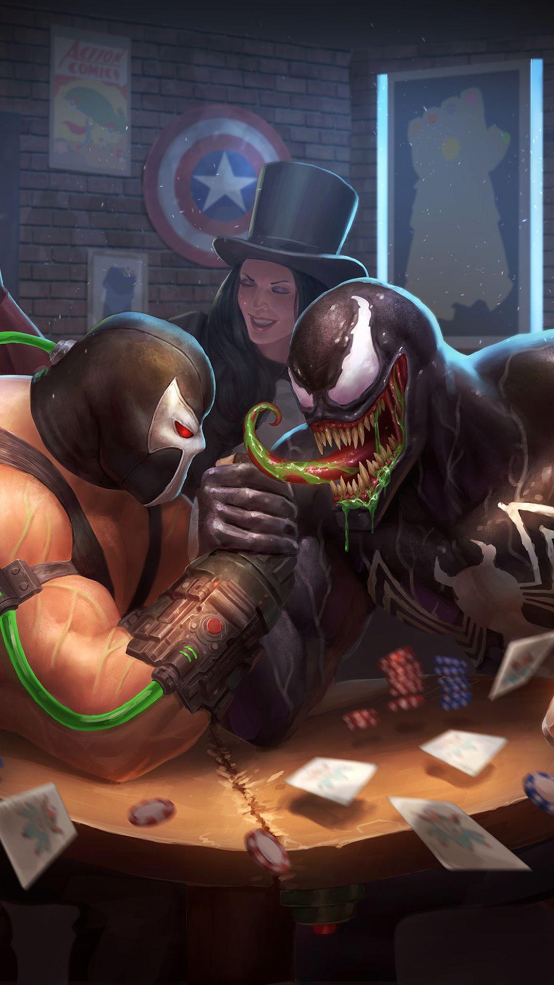 Arm Wrestling: Comic book characters competition, Bane vs Venom, Twisting wrists, Balance of Hand and Arm Pressures. 1080x1920 Full HD Wallpaper.