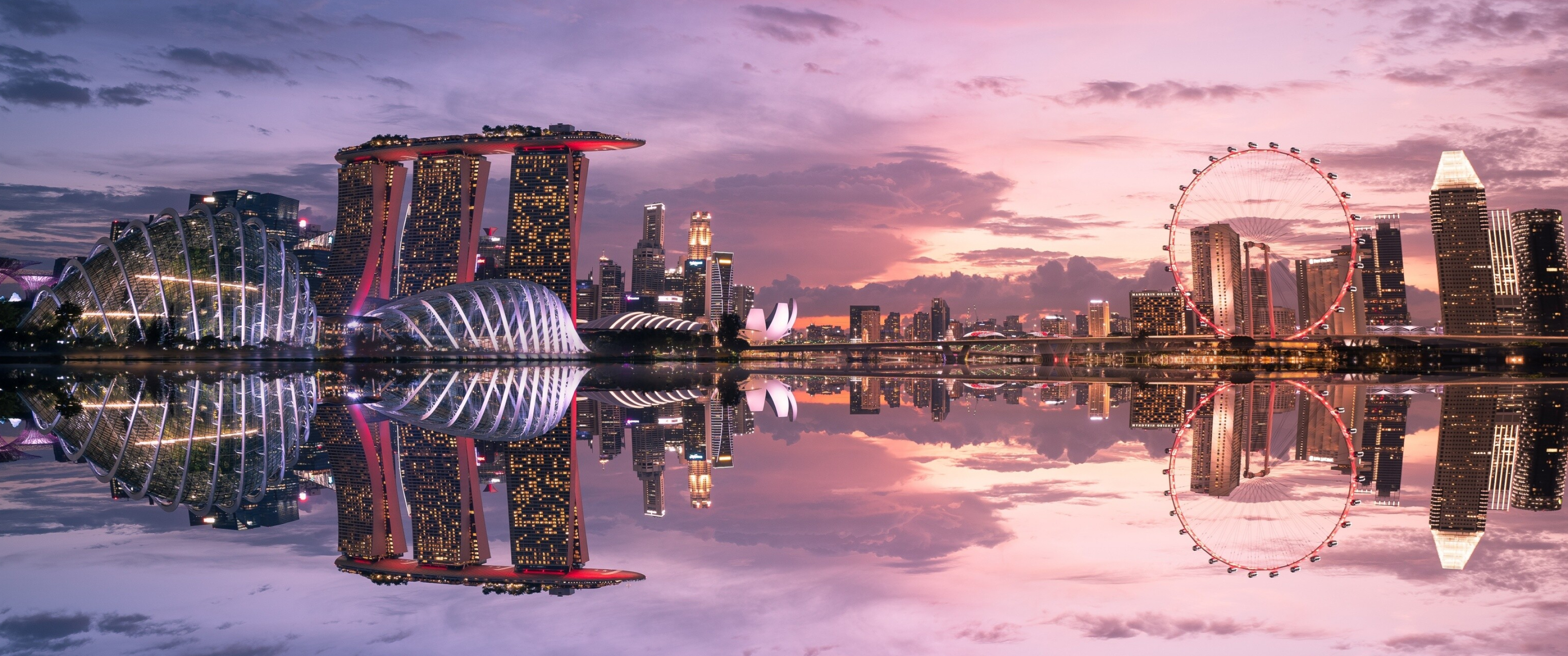 Singapore: Marina Bay Sands, Gardens by the Bay, Marina Bay Financial Center, CBD. 3440x1440 Dual Screen Background.
