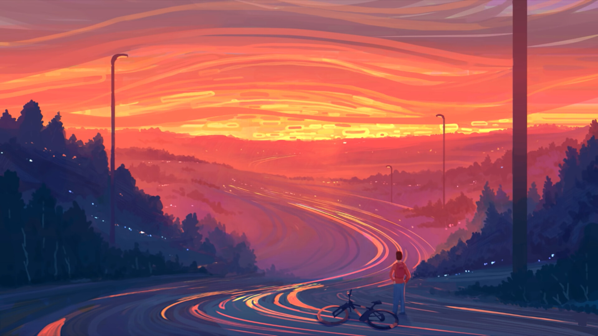 Sunset: Evening, Orange-reddish color skies, Cityscape. 1920x1080 Full HD Wallpaper.