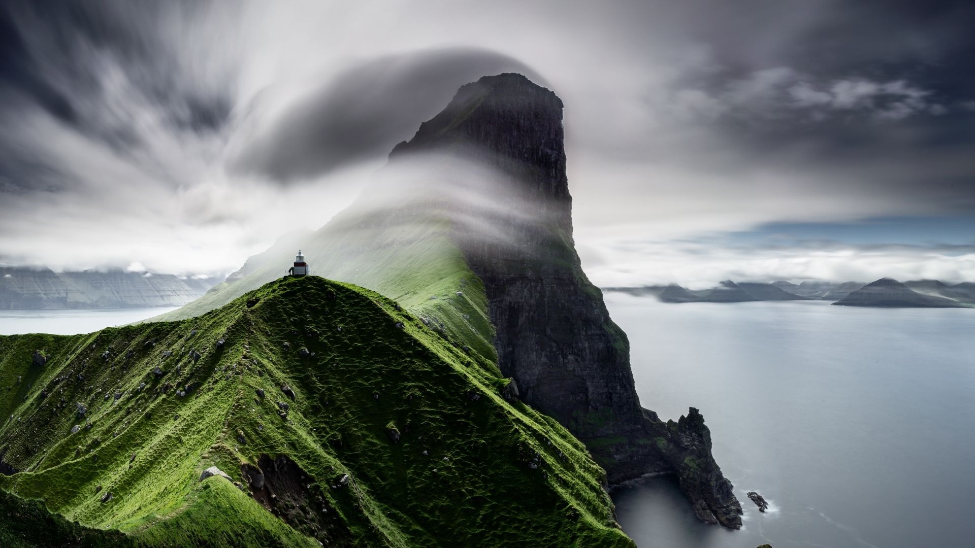 Coastal beauty, Lighthouse marvel, Mountainous backdrop, Cliffside wonder, 1920x1080 Full HD Desktop