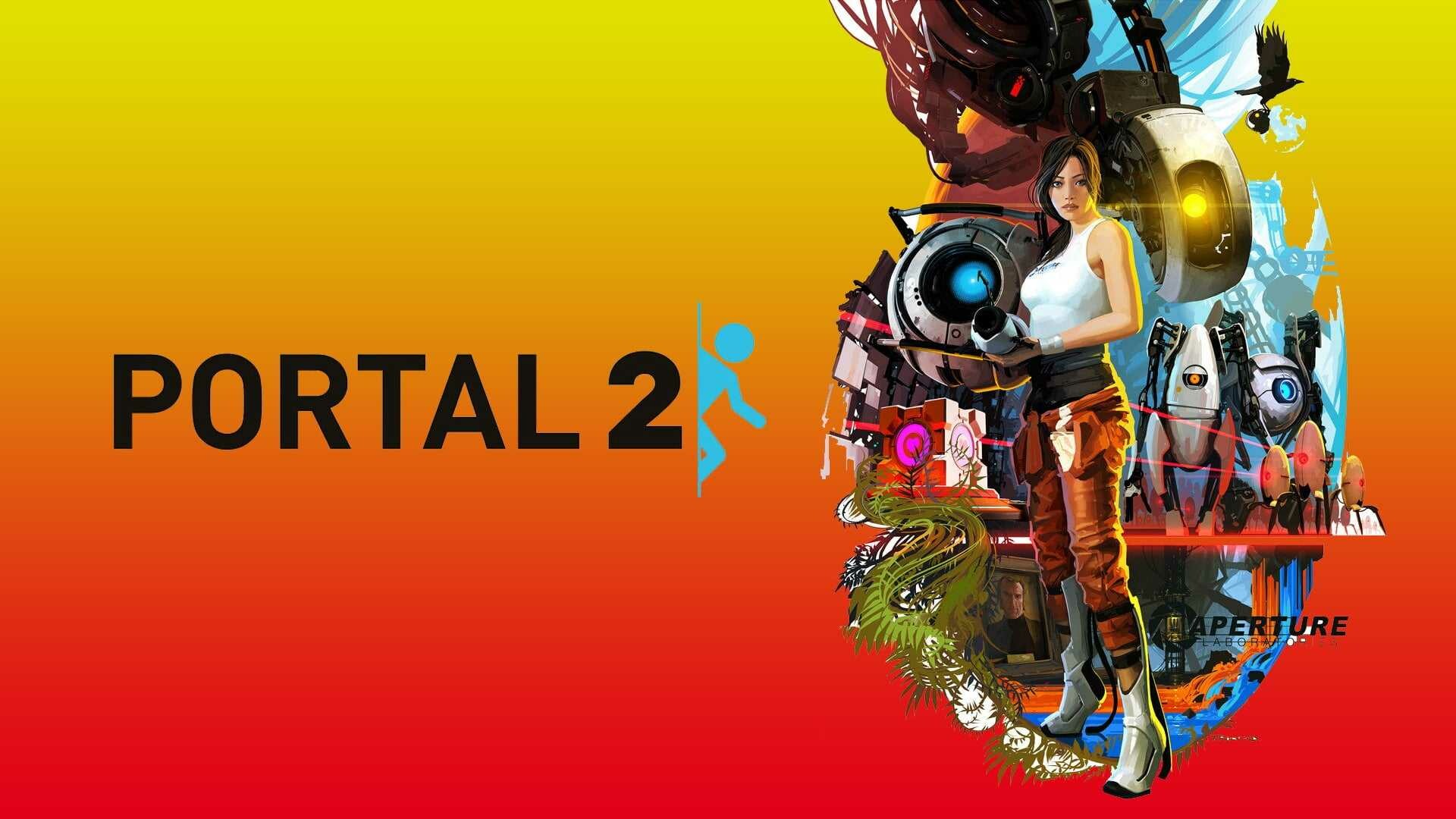 Portal 2 (Game): Provides voice communication between players, and online players can temporarily enter a split-screen view to help coordinate actions. 1920x1080 Full HD Background.