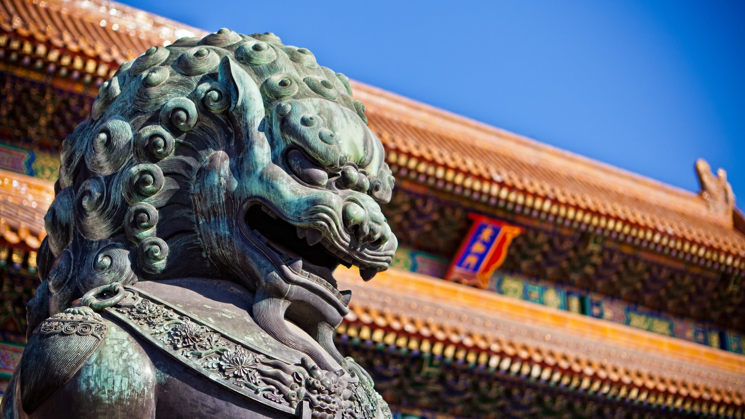 Forbidden City, Imperial guardian lion, Beijing, China, 2560x1440 HD Desktop