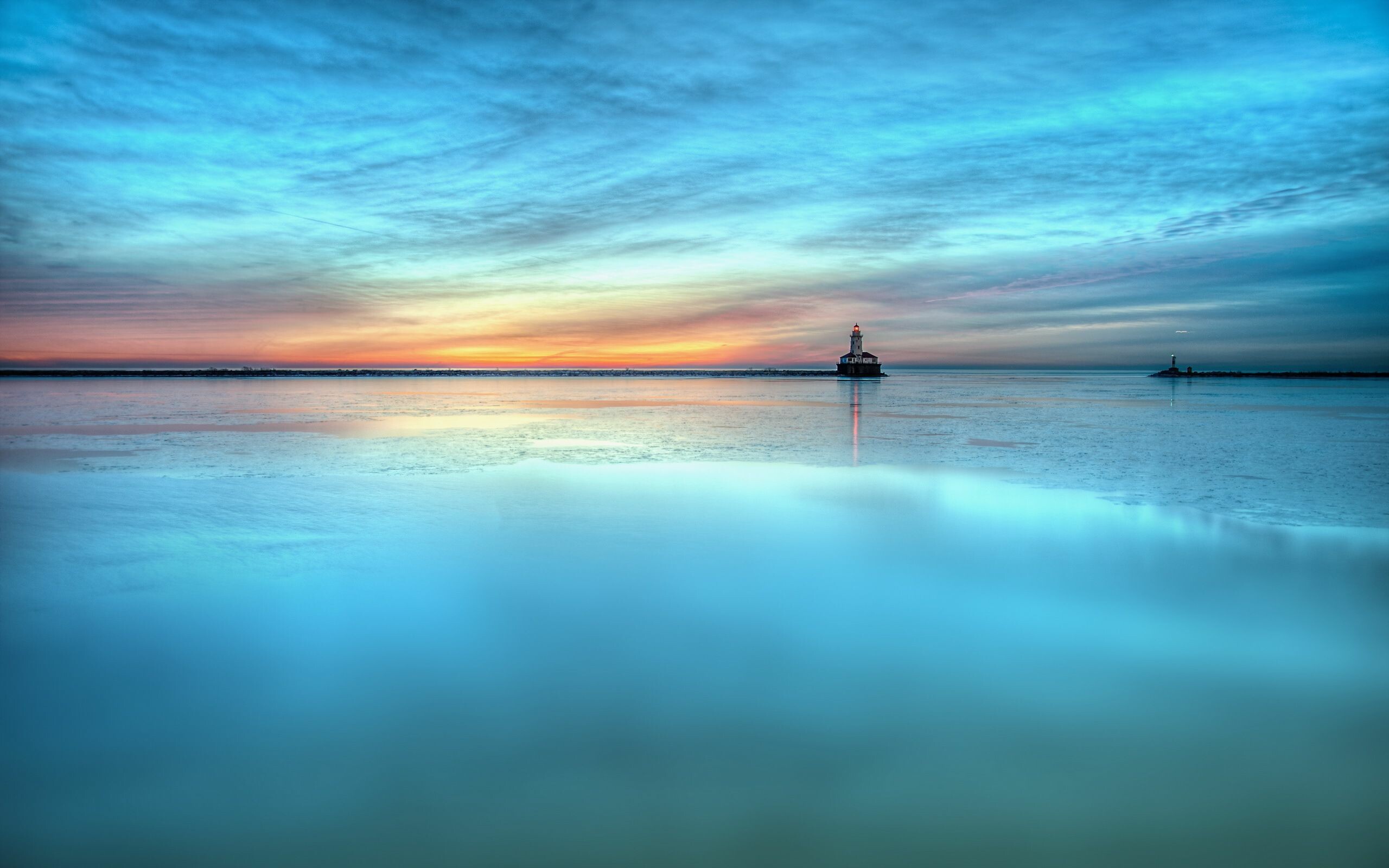 Sunrise: First light, Daybreak, The broad expanse of water reflecting clouds. 2560x1600 HD Wallpaper.