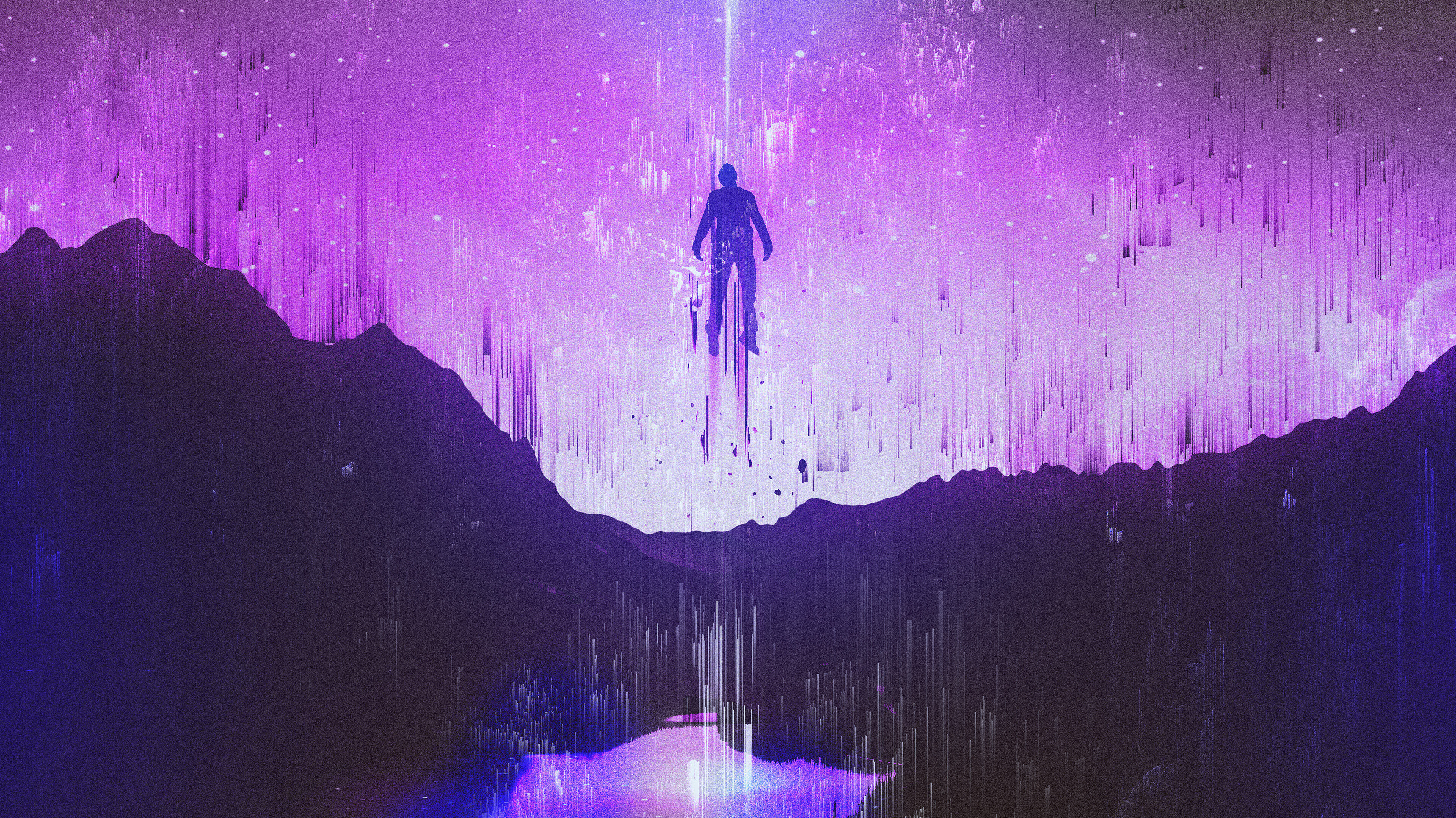 Glitch: Purple sky, Levitating man, Dream, Visual art, Digital artifacts, Abstract. 3840x2160 4K Background.