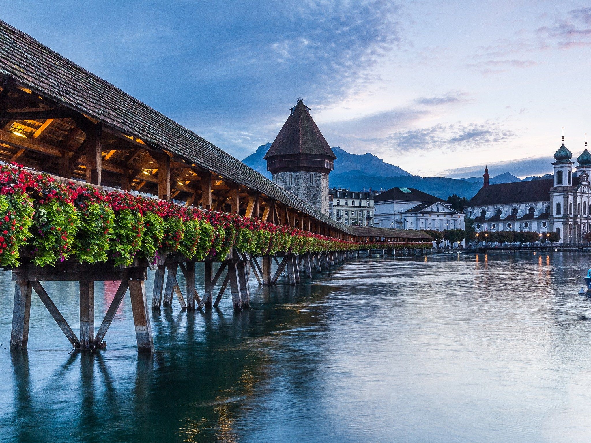 Chapel Bridge, Lucerne Switzerland, River reflection, Evening, 2050x1540 HD Desktop