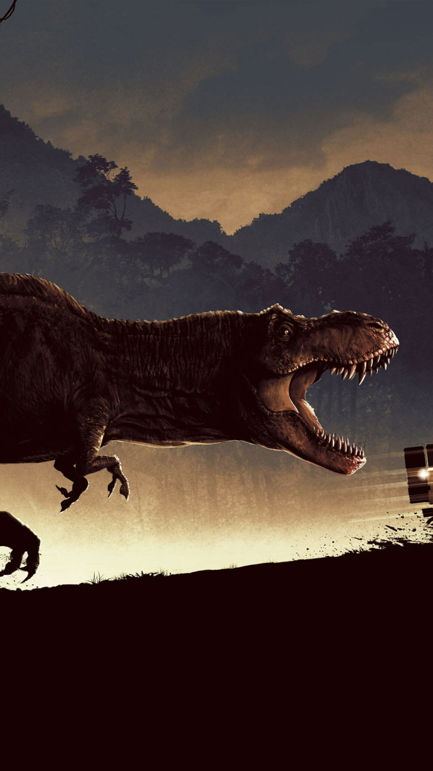 Jurassic Park: Car, Dinosaur, Tyrannosaurus Rex, Directed by Steven Spielberg. 1440x2560 HD Wallpaper.