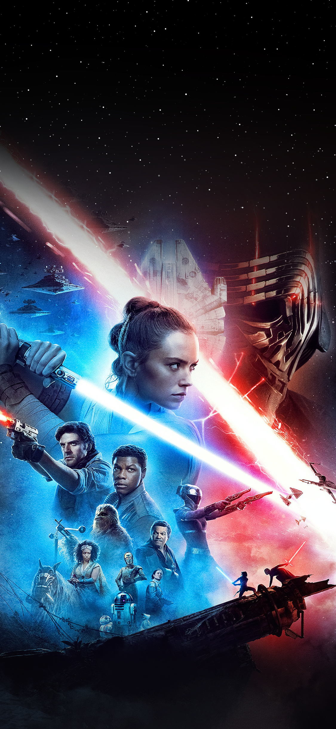 Star Wars: The Rise Of Skywalker: The main cast of the movie includes Daisy Ridley, Adam Driver, John Boyega, and Oscar Isaac. 1130x2440 HD Background.