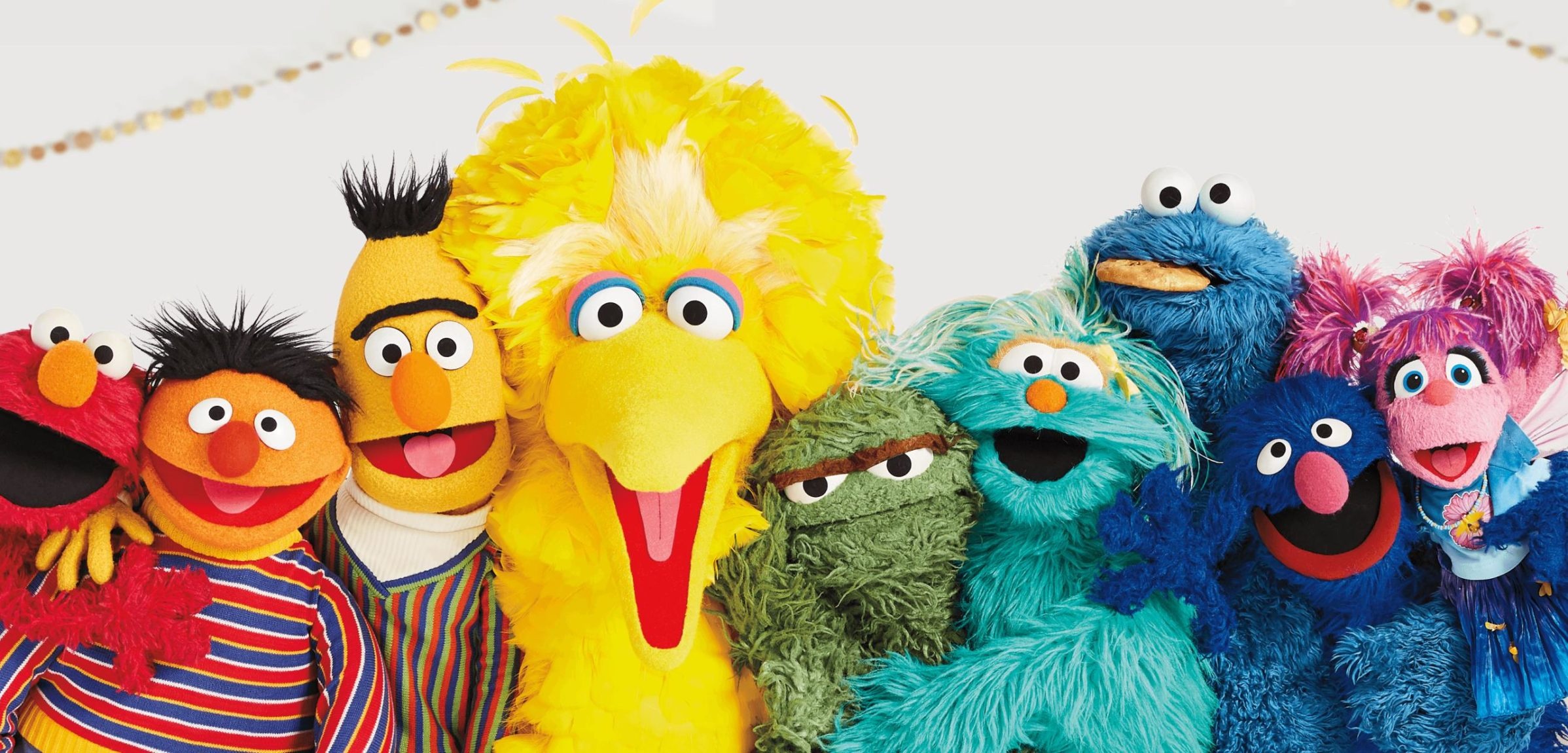 Sesame Street: The Muppets, Elmo, Big Bird, Cookie Monster, Ernie, Bert, Abby Cadabby. 2400x1150 Dual Screen Wallpaper.