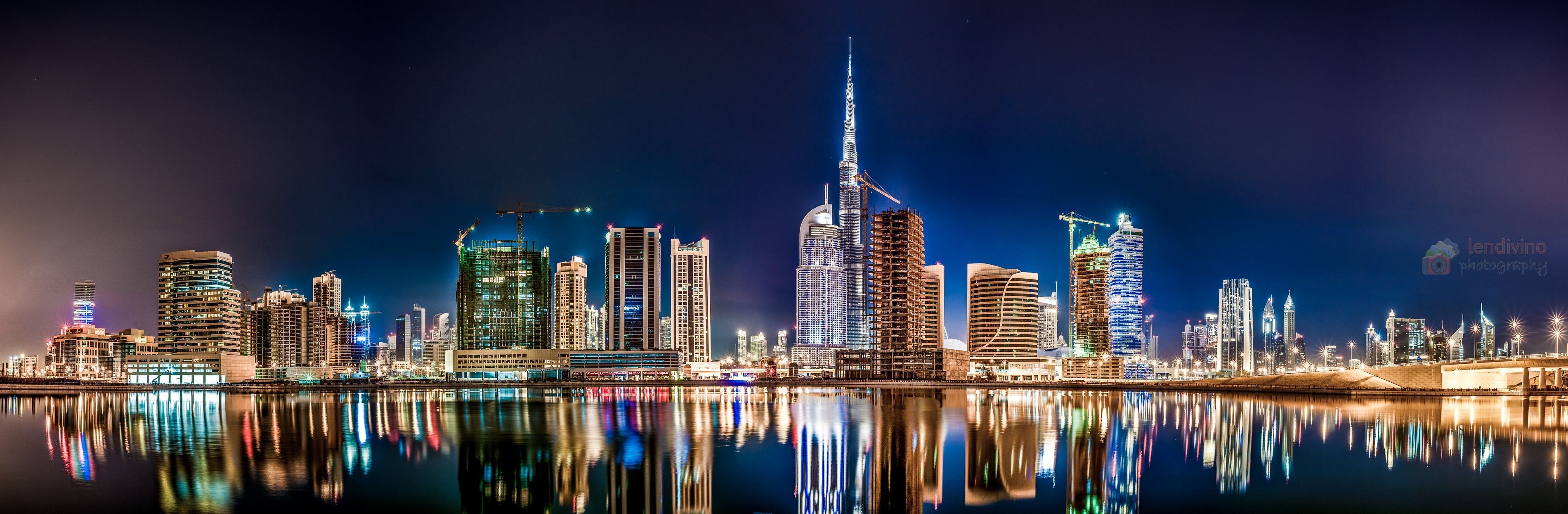 Dubai: Cityline, Body of water, Electricity, UAE. 3800x1250 Dual Screen Wallpaper.