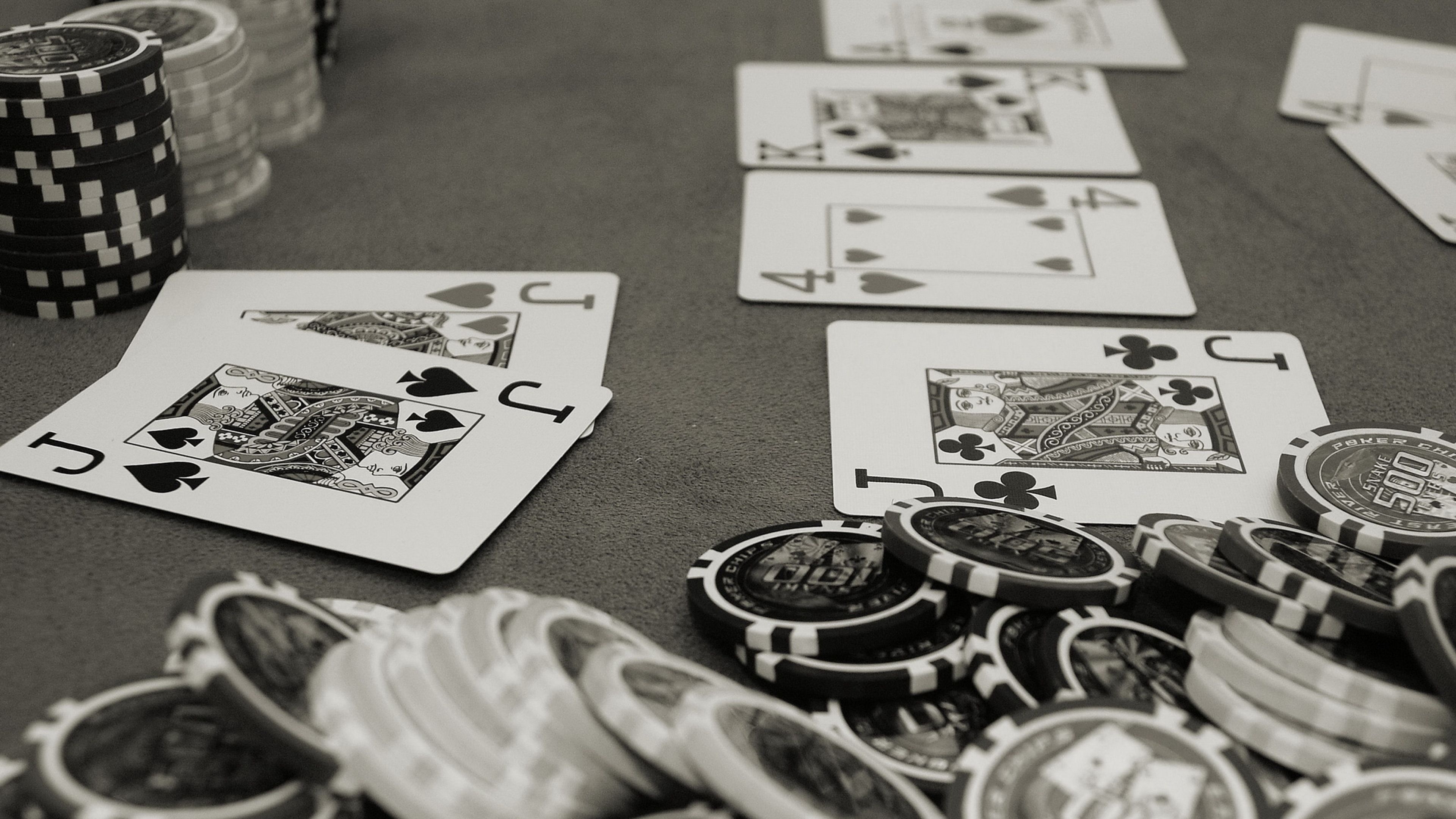 Poker: Black and white, A social activity, Cards, Table top, Poker hands. 3840x2160 4K Background.