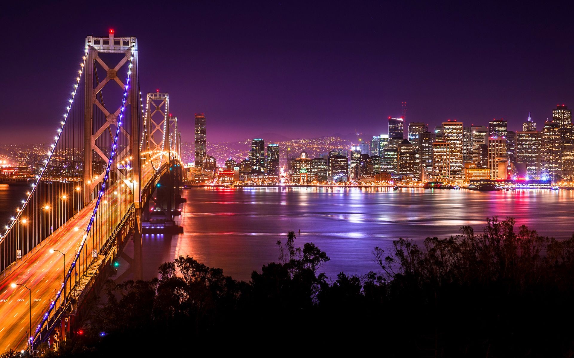 San Francisco: Built on hills, Known for its beautiful views and Victorian-style houses, Night city view. 1920x1200 HD Background.