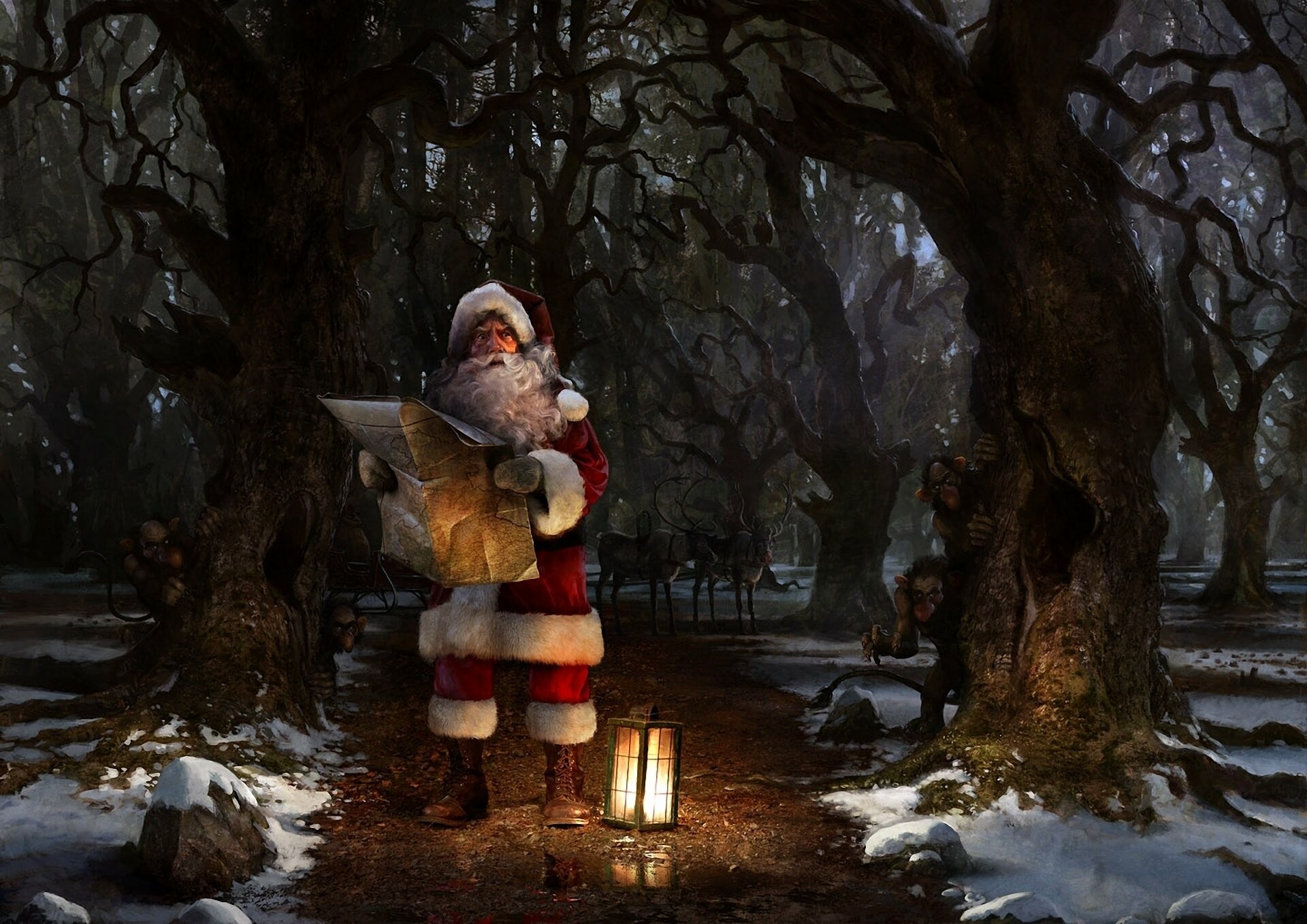 Santa Claus: A combination of a historical Greek gift-giver of Myra named Saint Nicholas, and Father Christmas. 1920x1360 HD Background.