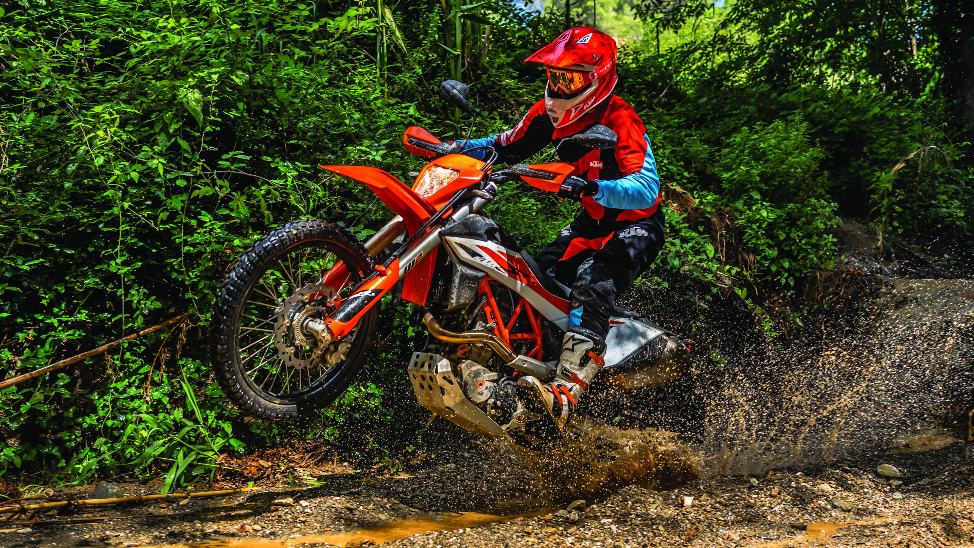 Enduro Motorbike: KTM Dirt Bike, Jungle Race, Motorcyclist, The River Obstacle, Off-road Racing. 3840x2160 4K Background.