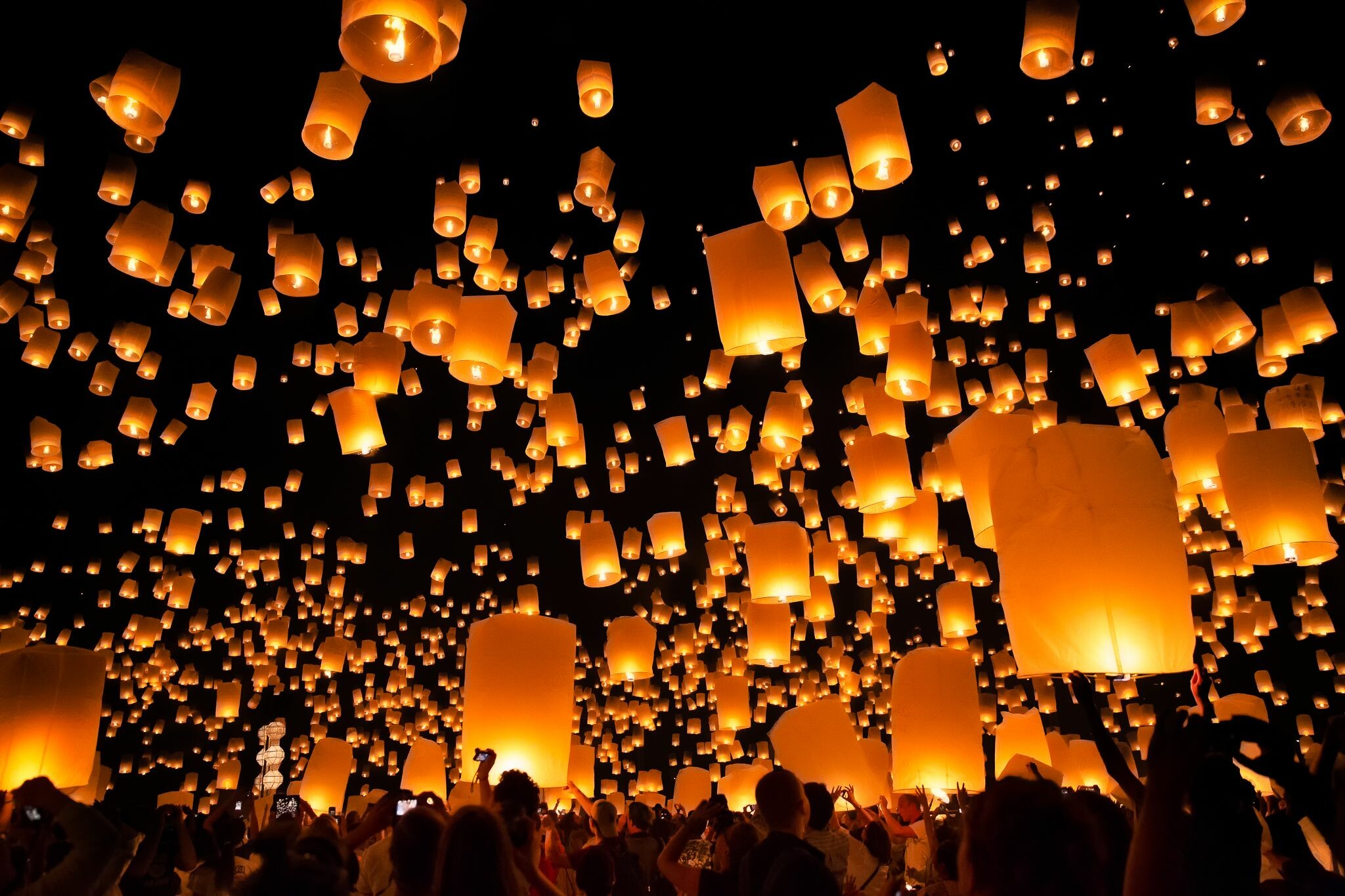 Lantern Festival: Mass launching of small hot air balloons made of paper, Celebration. 2050x1370 HD Wallpaper.