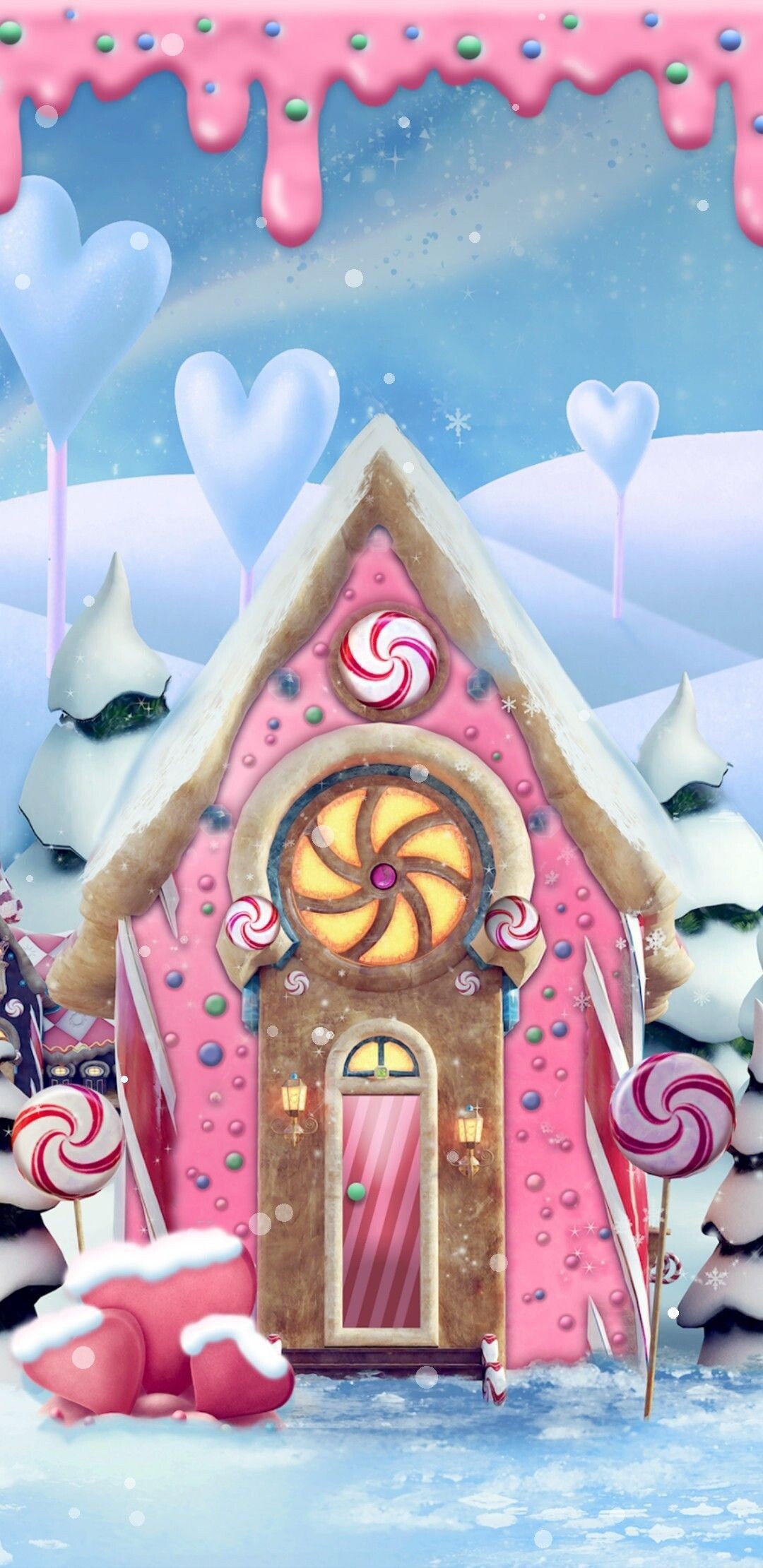Gingerbread House: Candy house decorated with pink coating, Winter wonderland, Sweet treats. 1080x2220 HD Wallpaper.