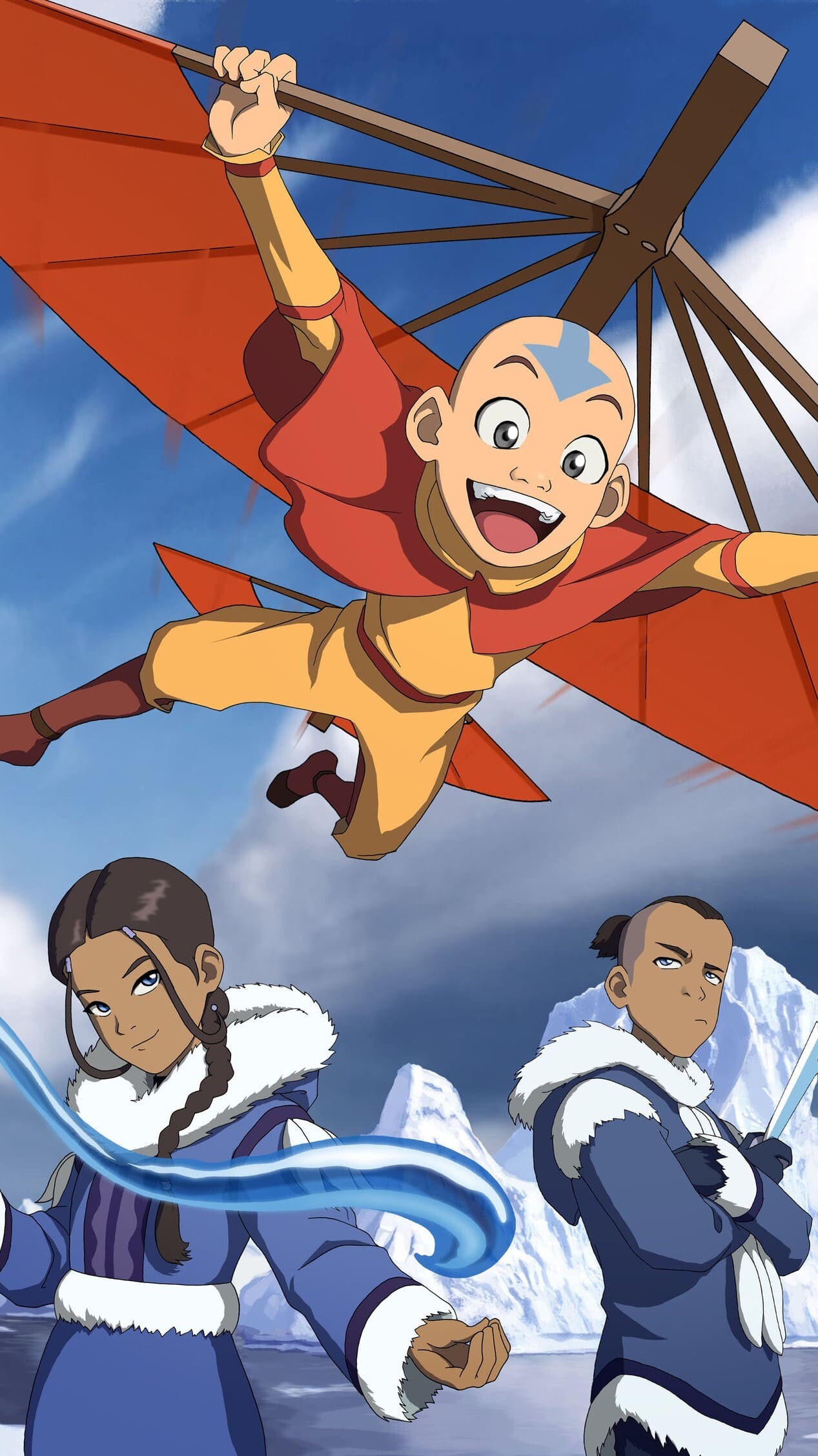 Avatar: The Last Airbender: Aang, Katara, and Sokka, Presented in a style that combines anime with American cartoons. 1270x2260 HD Wallpaper.