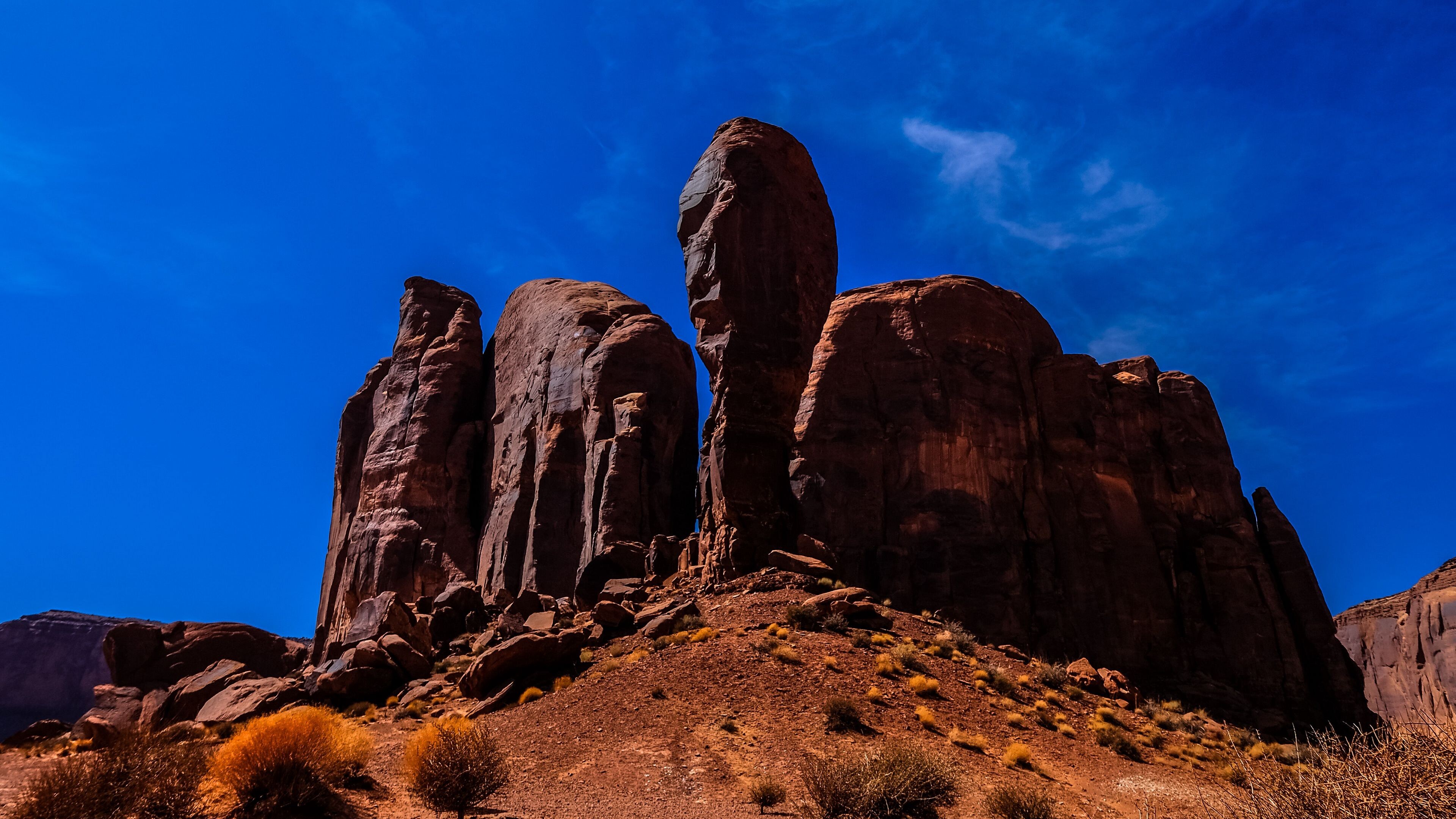 Geology: Rocks formation, Stones, Sand, Sky, Desert, A vertical rock exposure. 3840x2160 4K Background.