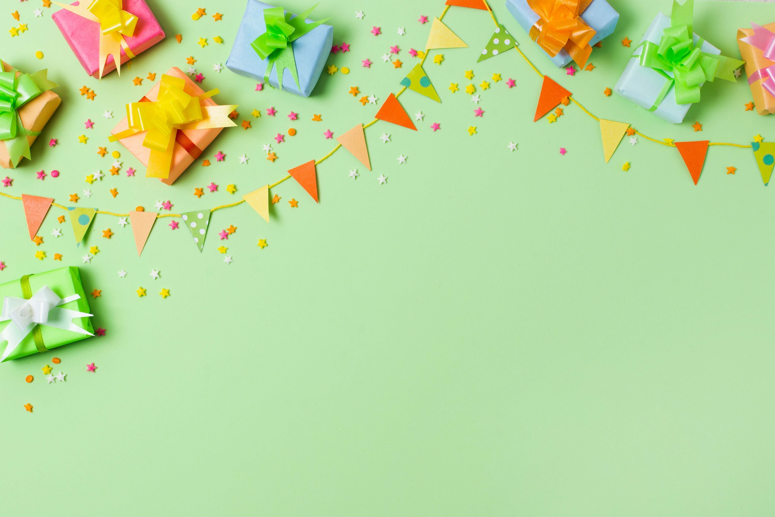 Birthday Party: Aesthetic, Top view of festive colorful confetti. 3000x2000 HD Background.