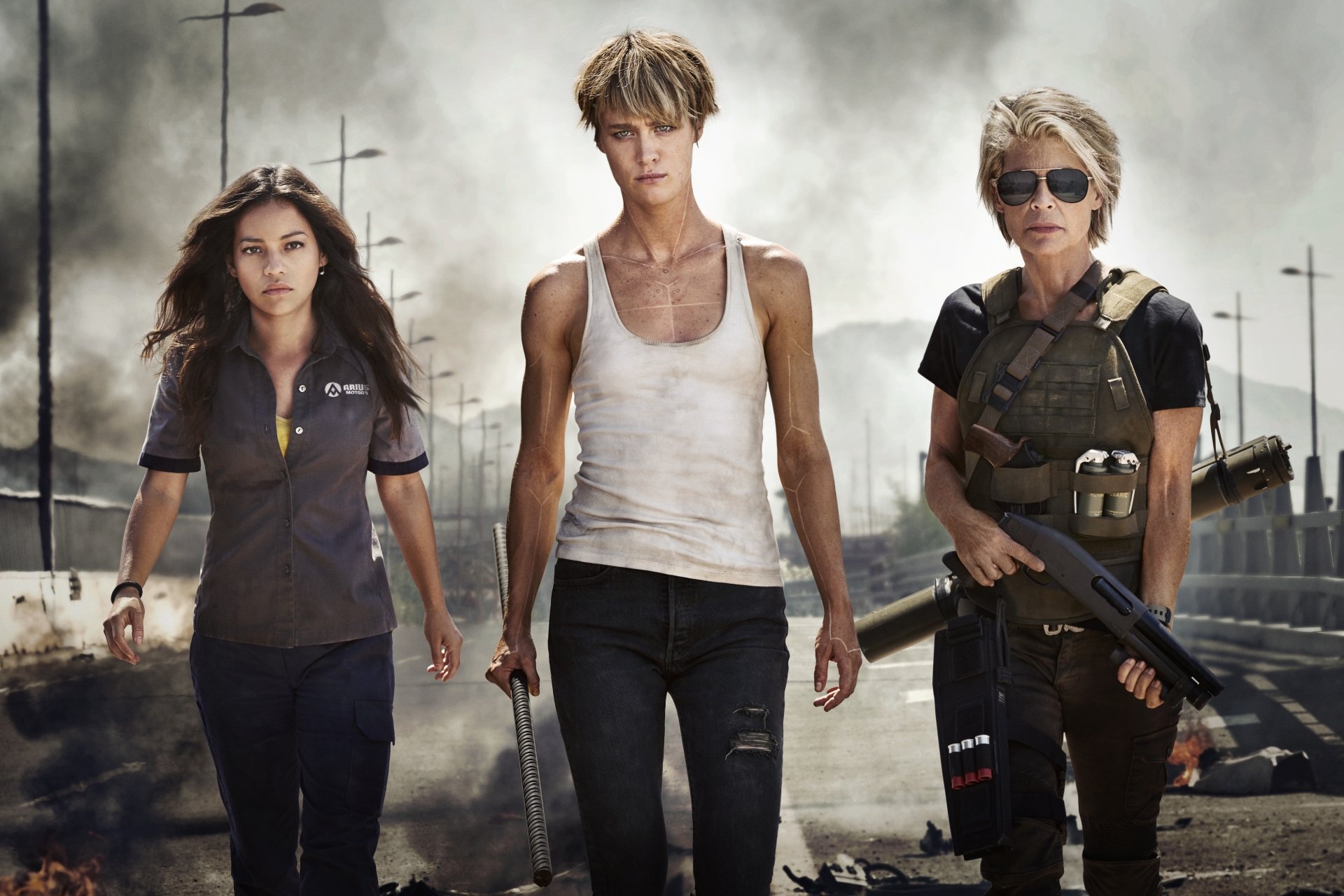Terminator: Dark Fate: Mackenzie Davis as Grace, an enhanced super soldier, Natalia Reyes as Dani Ramos. 1920x1280 HD Background.