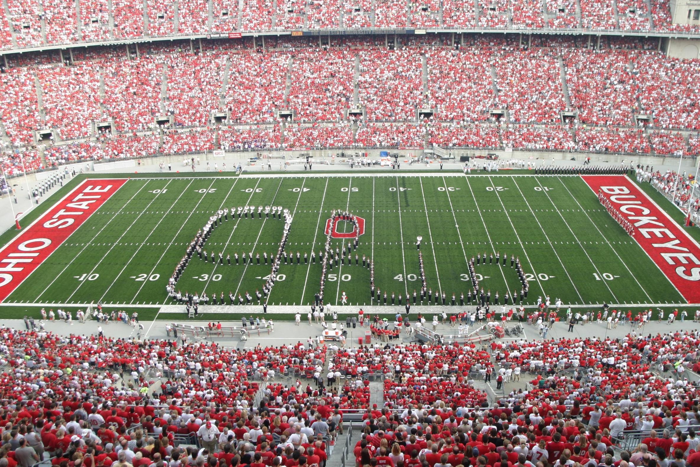Marching Band: Ohio State University, The Best Band in the Land, A group of musicians, Buckeyes, Ohio Stadium, American football. 2370x1580 HD Background.