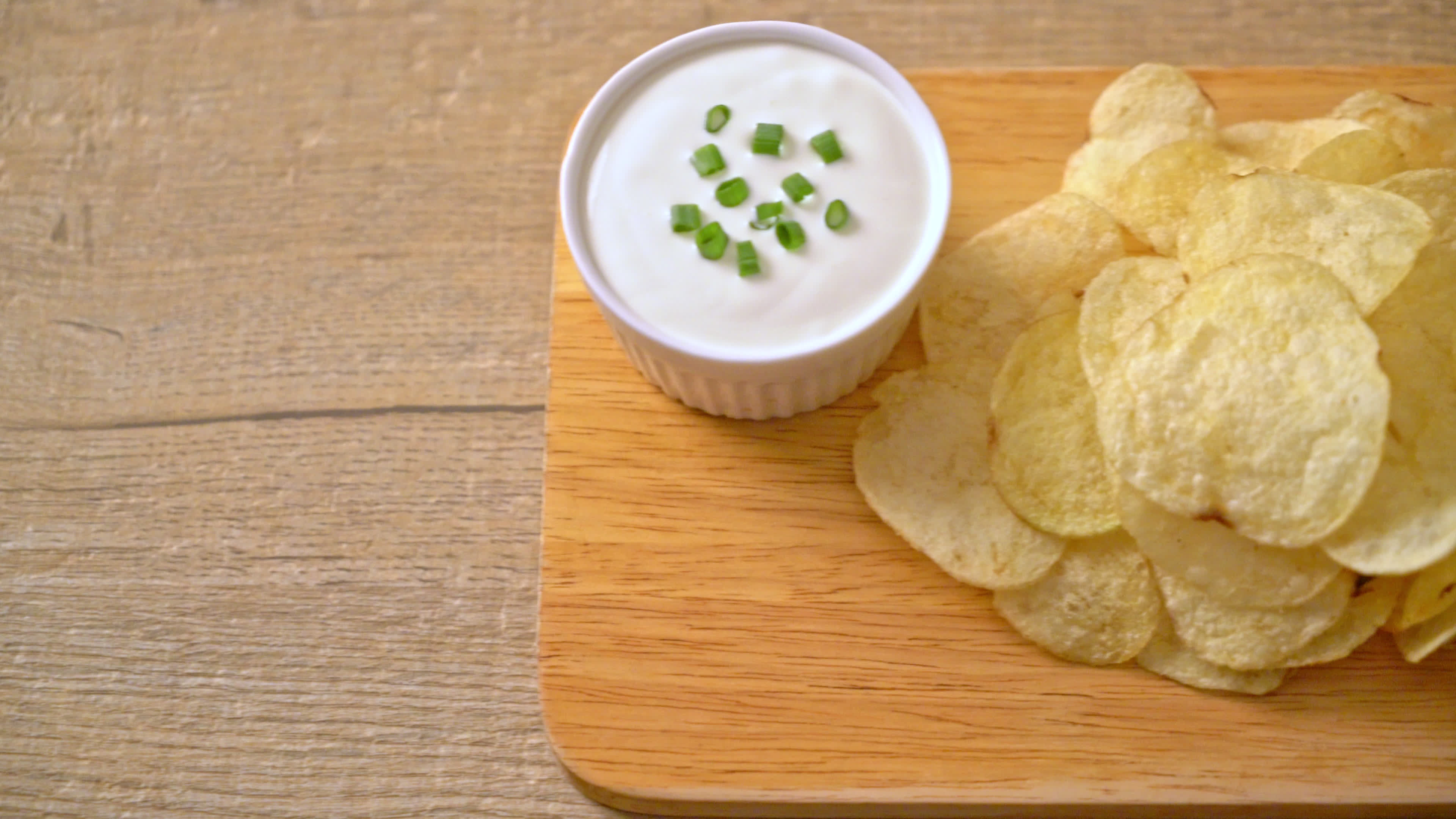 Potato chips, Sour cream dipping sauce, Irresistible snack, Stock video, 3840x2160 4K Desktop