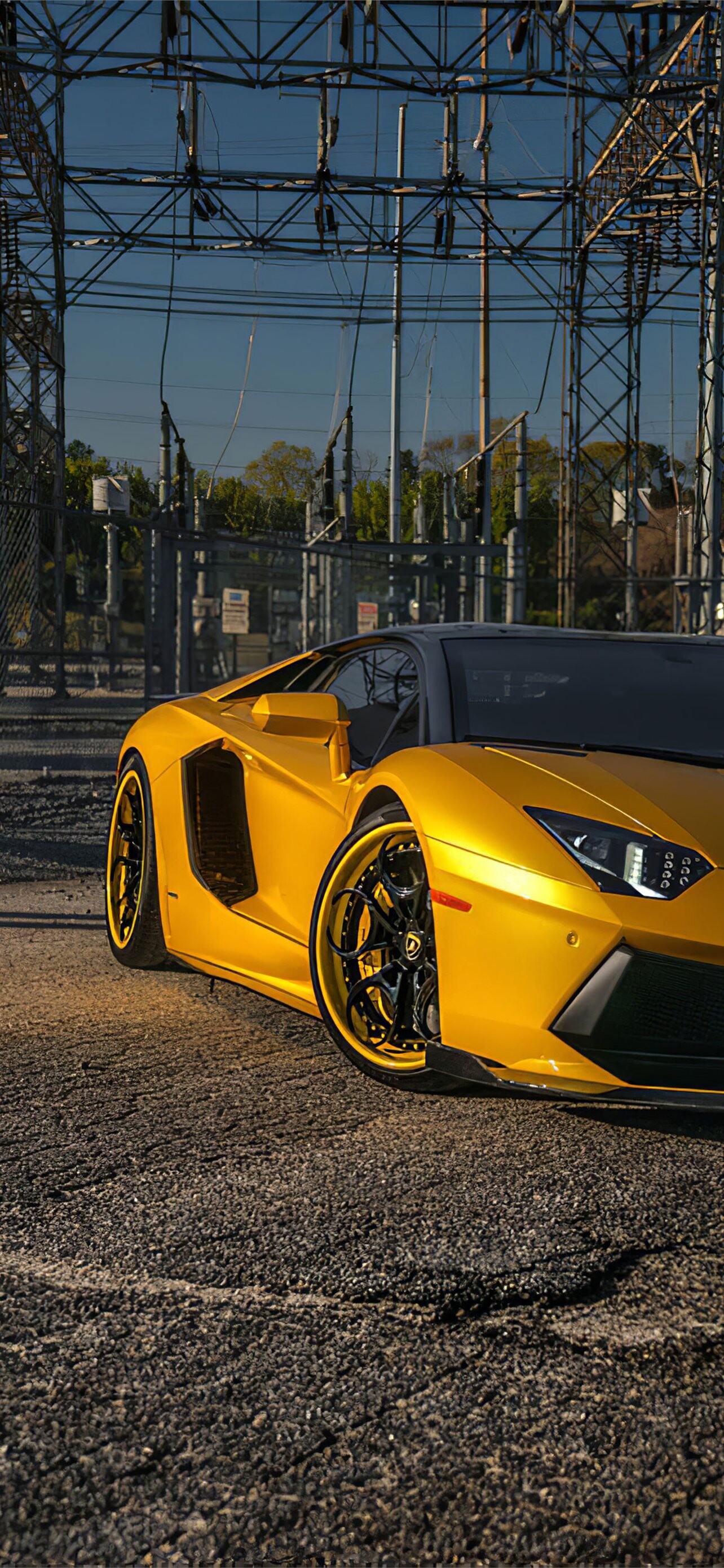 Gold Lamborghini: Aventador, The sports car equipped with the company's fifth in-house engine and second V12 design. 1290x2780 HD Background.