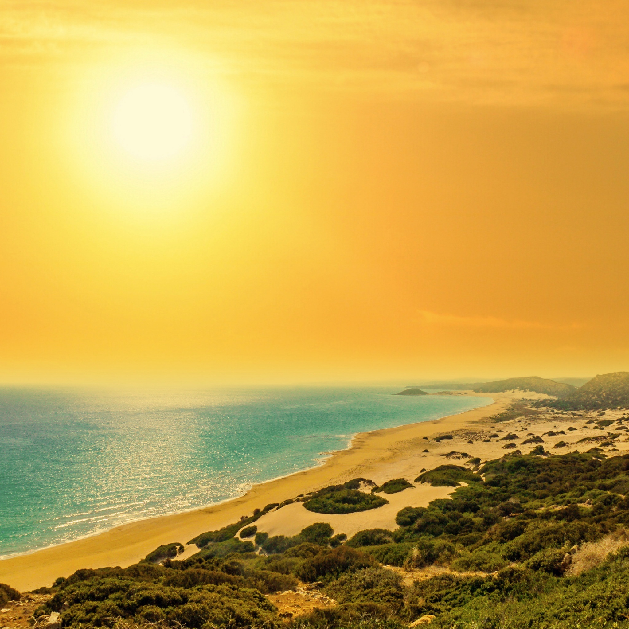Golden sand beach wallpaper, Coastal sunset, North Cyprus, Nature's beauty, 2050x2050 HD Phone