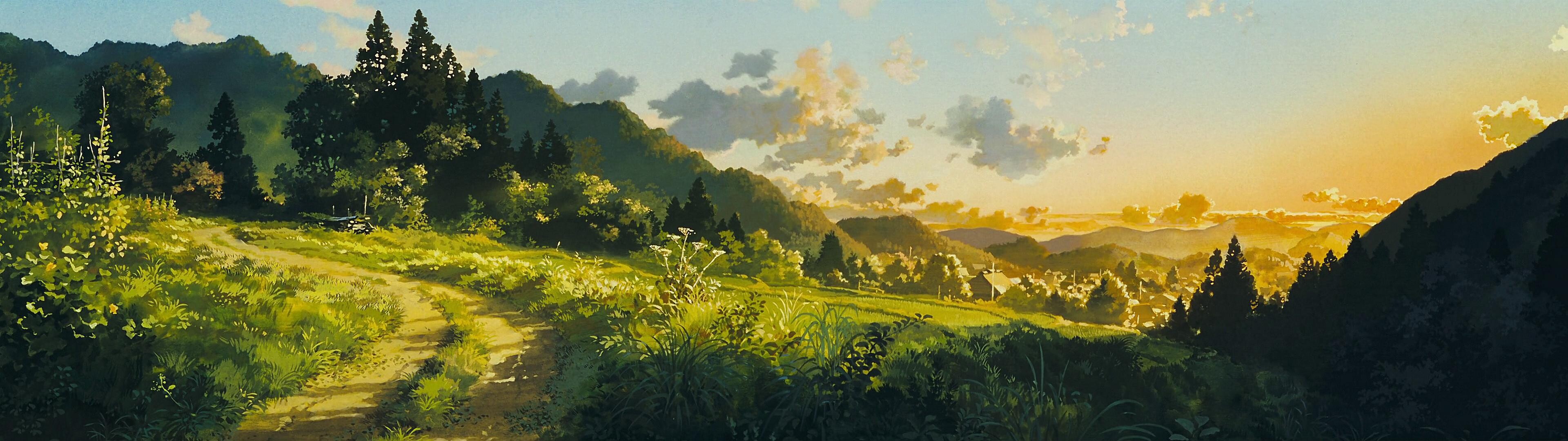 Studio Ghibli: Most famous films include "My Neighbor Totoro," "Spirited Away," and "Princess Mononoke". 3840x1080 Dual Screen Background.