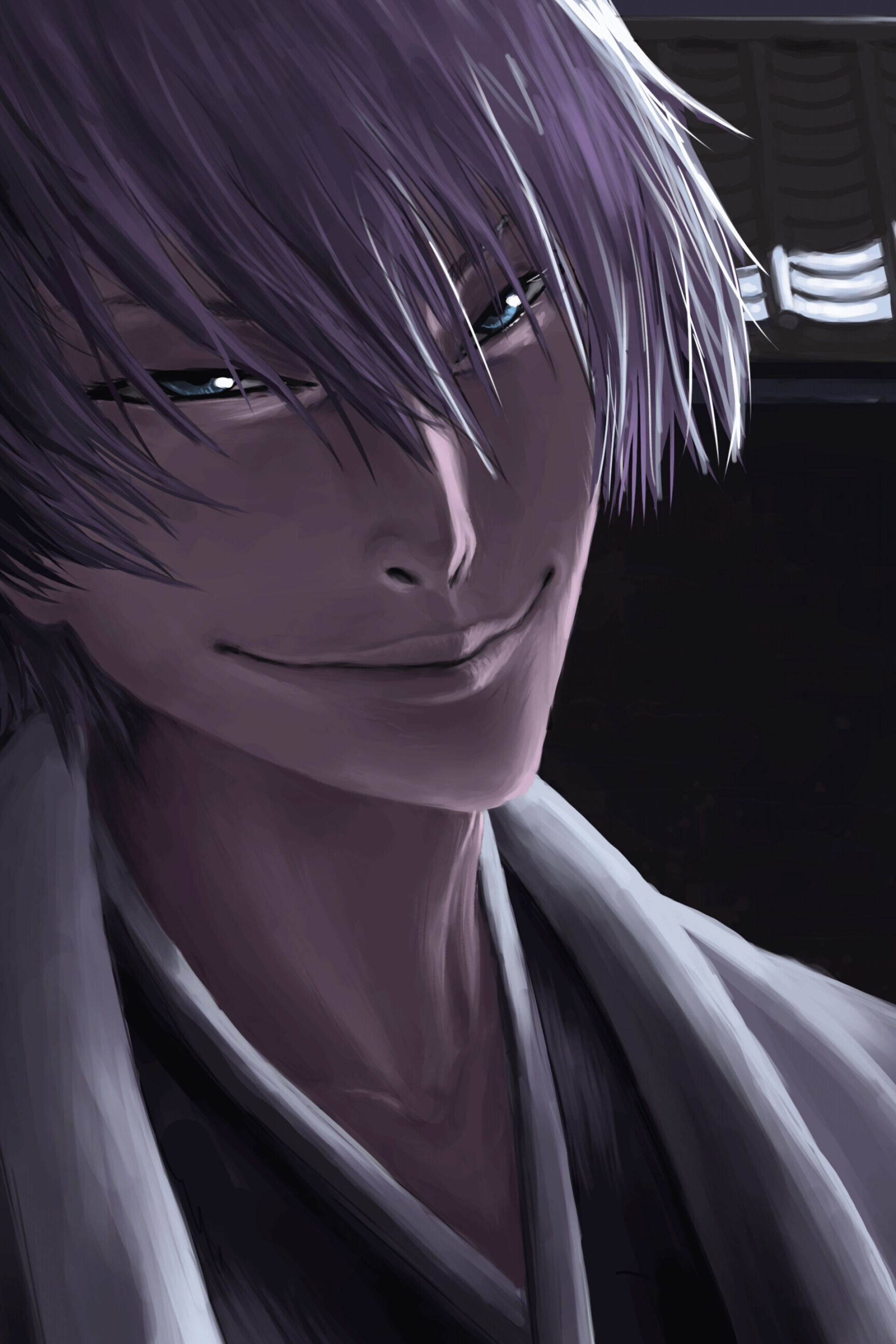 Gin Ichimaru: Slitted blue eyes, Ever-present grin, Face looking like that of a fox, Unusual silver hair. 1920x2880 HD Background.