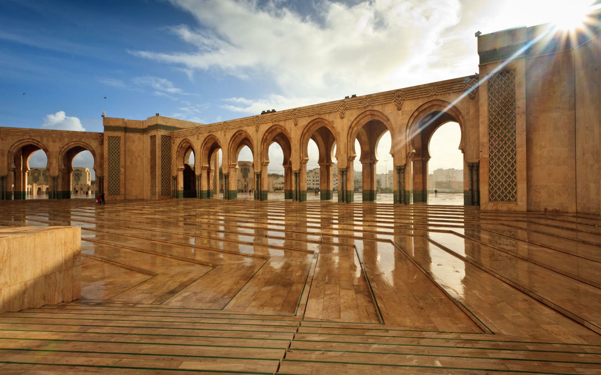 Morocco: Hassan II Mosque, Tubkal is the highest peak in the Atlas Mountains and in the country. 1920x1200 HD Wallpaper.