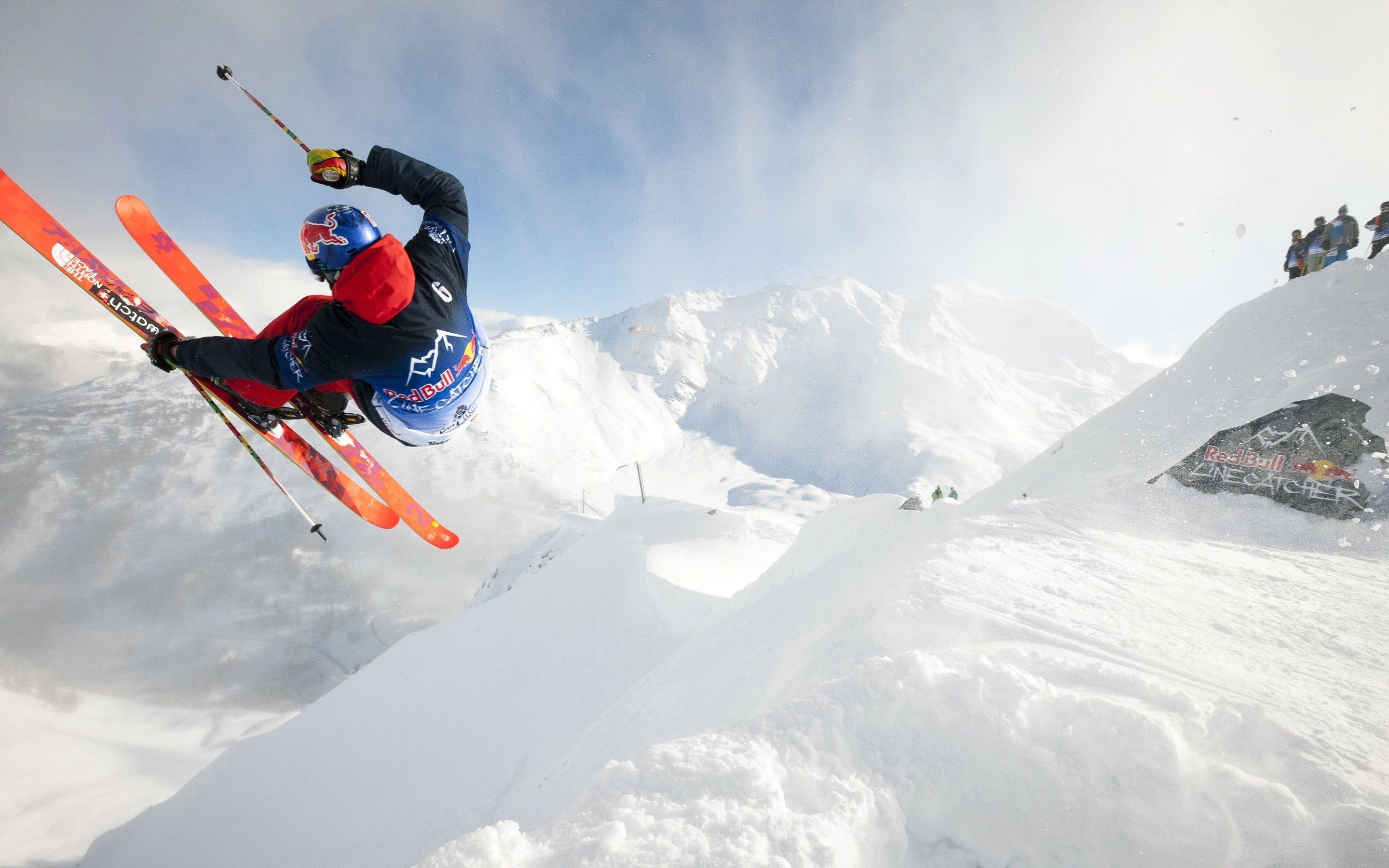 Alpine Skiing: Extreme winter sports, Ski jumping, Freestyle, Downhill in a wavy course, Red Bull. 2880x1800 HD Background.