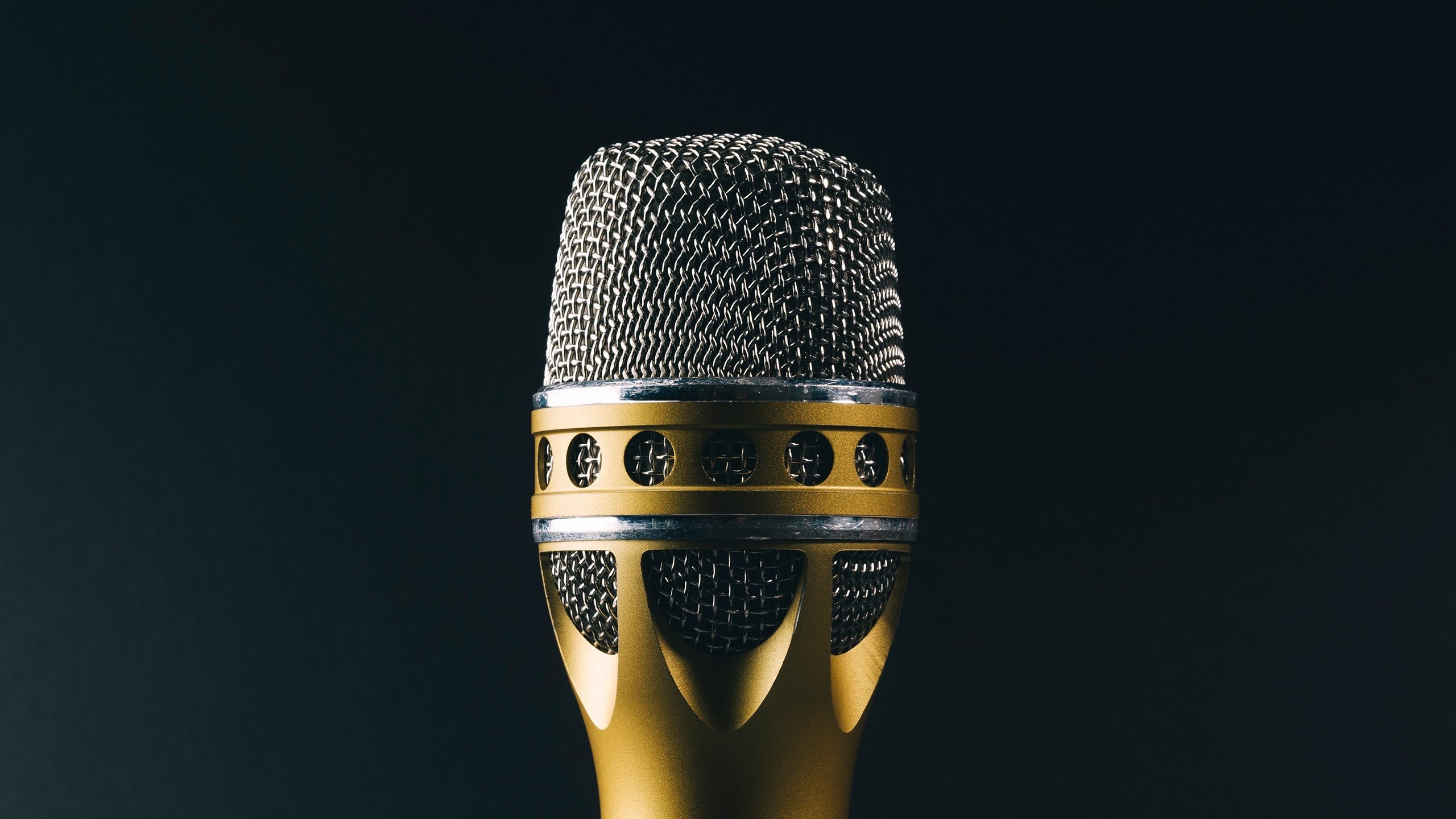 Gold microphone accents, Music recording setup, Shiny silver finish, High-quality sound, 2560x1440 HD Desktop